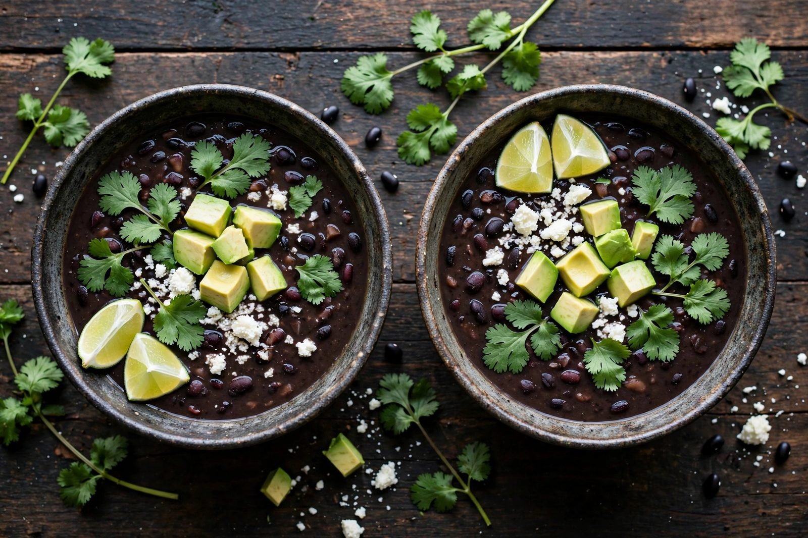 Two bowls of smoky black bean soup topped with cilantro, lime wedges, diced avocado, and crumbled cotija cheese