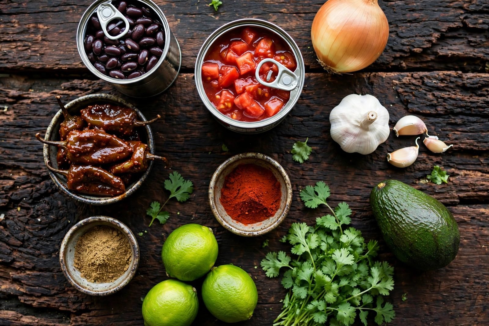 Ingredients for smoky black bean soup arranged on a table: black beans, onion, garlic, chipotle peppers, tomatoes, spices, limes, cilantro, avocado