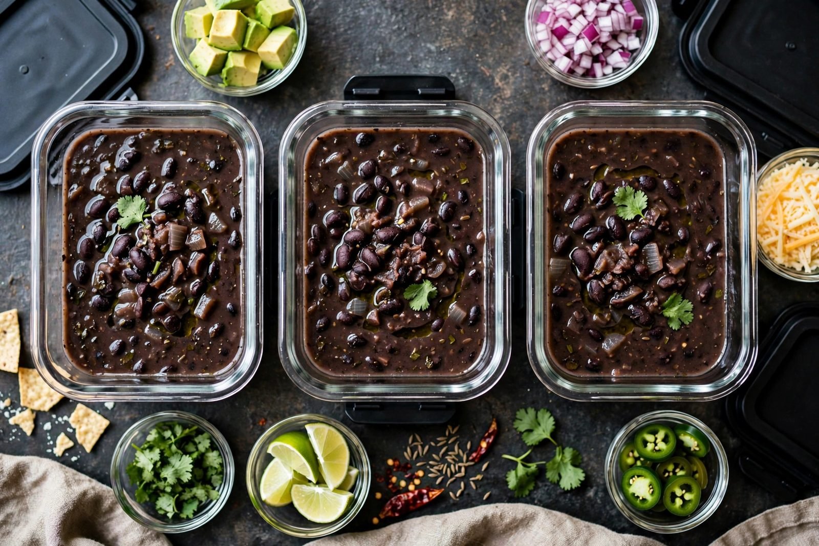 Smoky black bean soup portioned into glass meal-prep containers with toppings packed separately