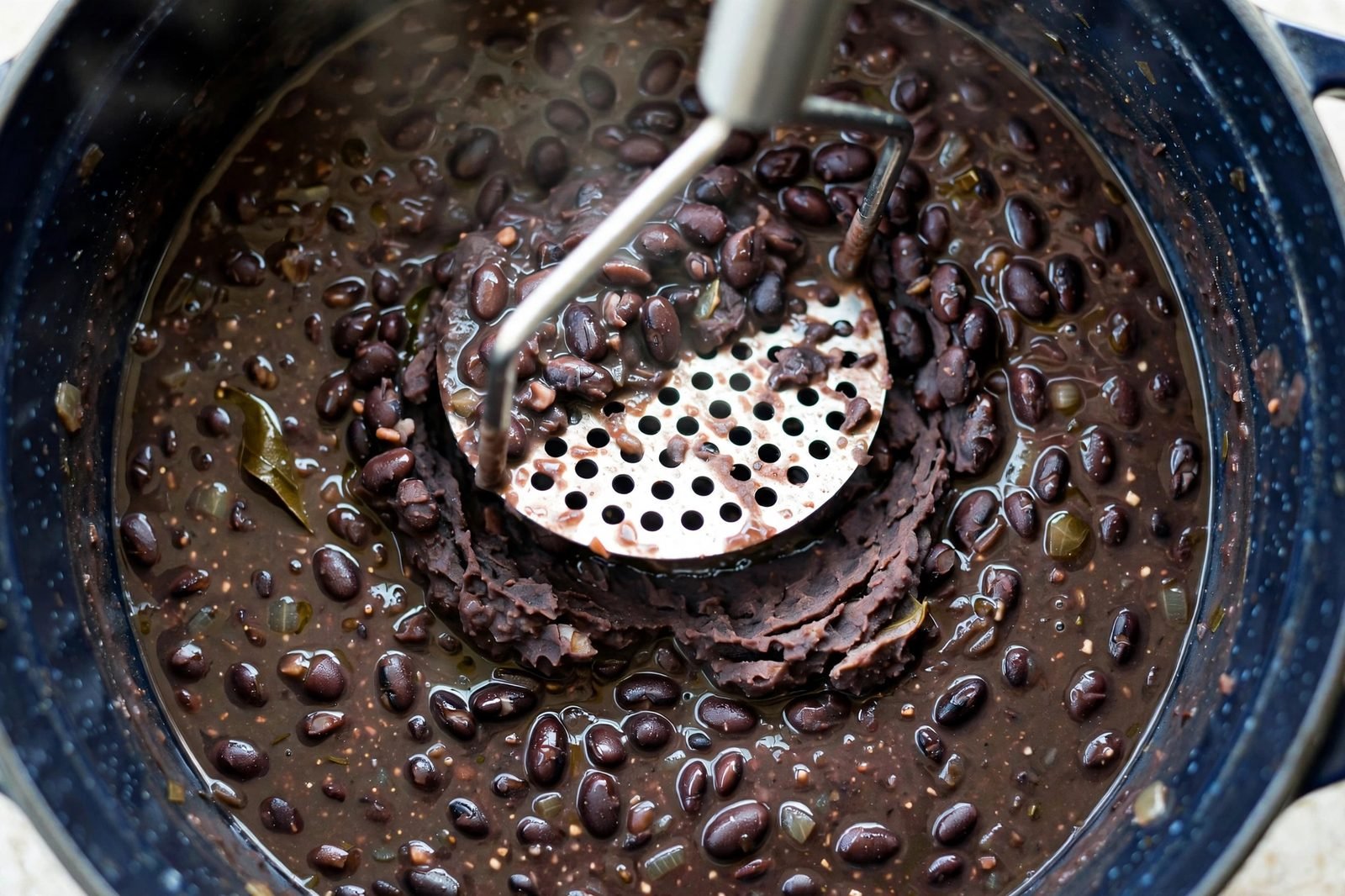 A potato masher partially mashing black beans in the pot to thicken the soup