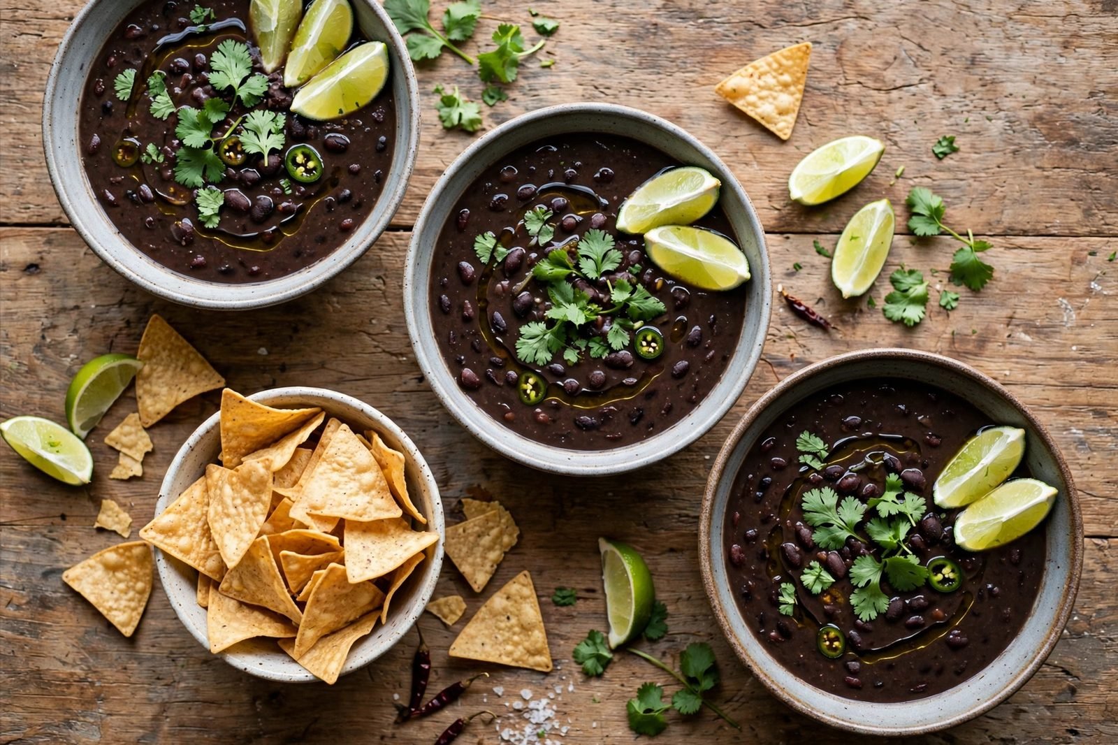 Bowls of smoky black bean soup served with lime wedges and tortilla chips