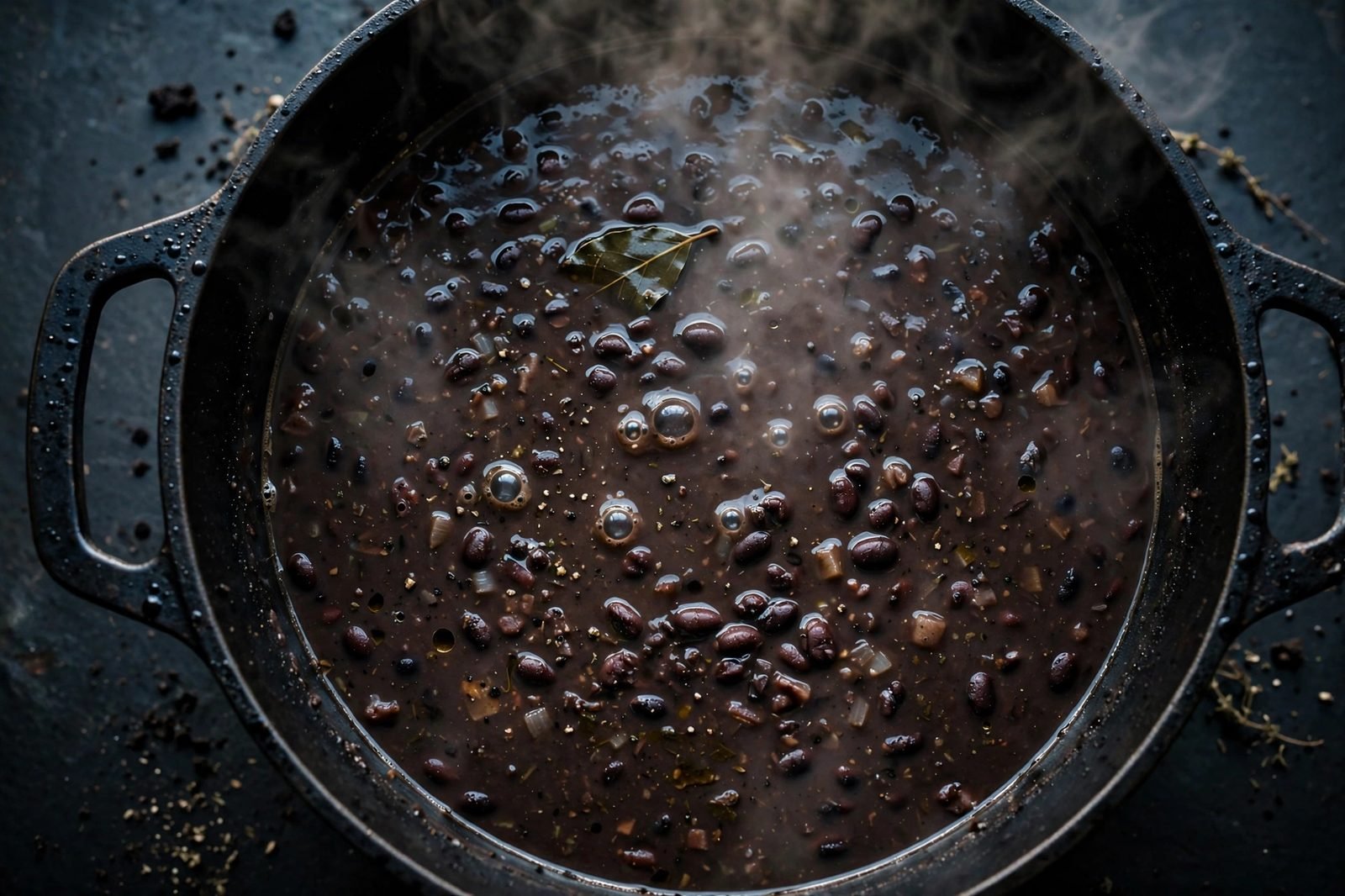 Smoky black bean soup simmering uncovered in a Dutch oven