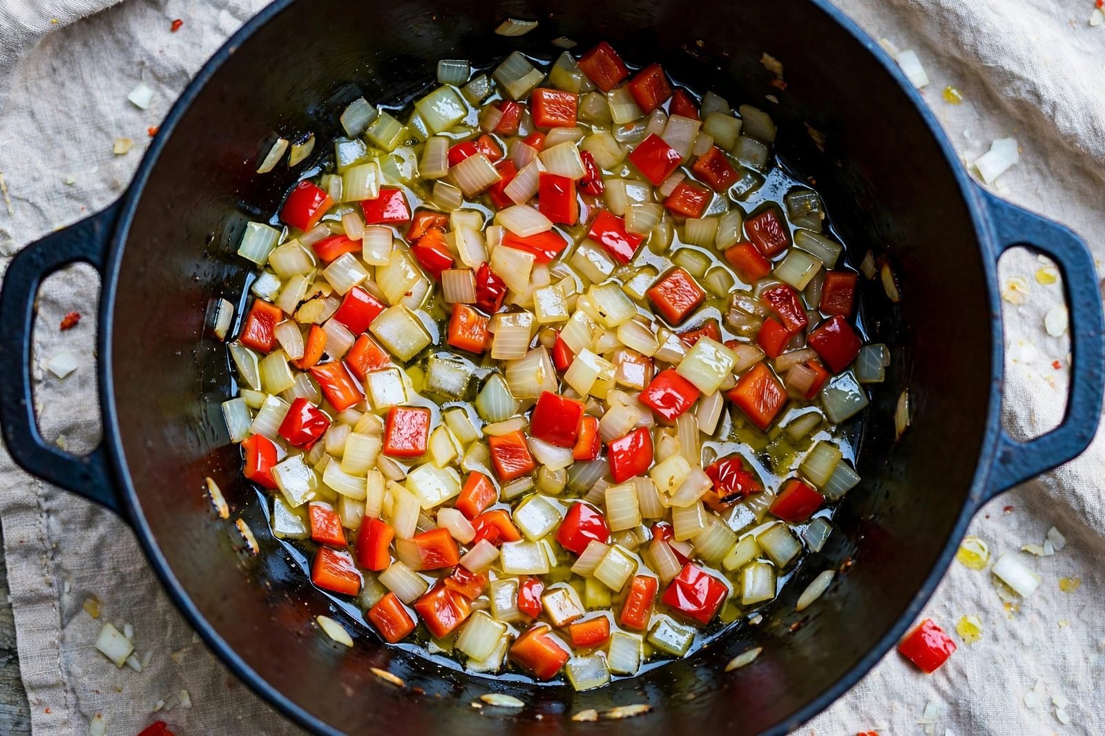 Diced onion and red bell pepper softening in a Dutch oven