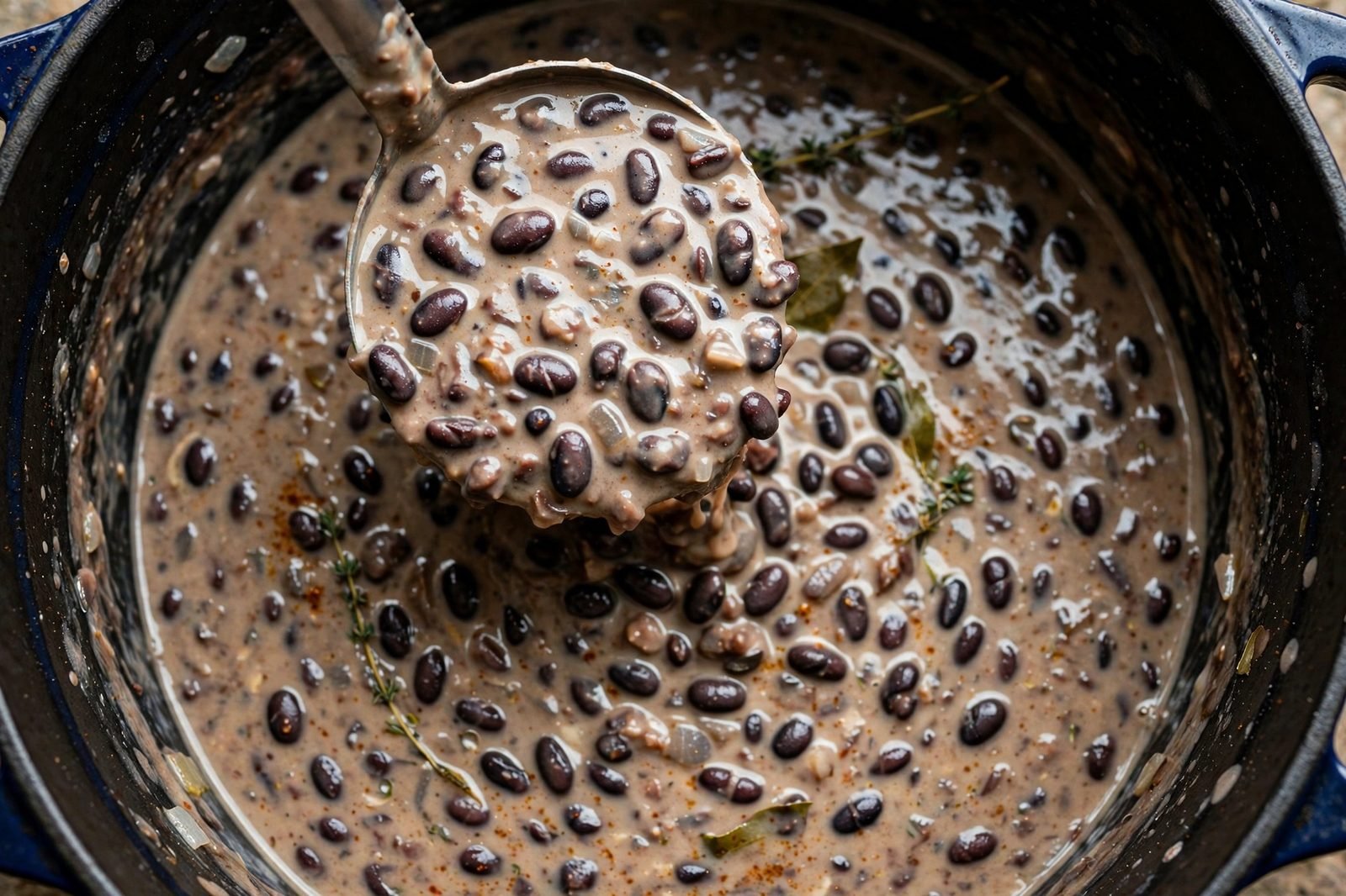 A ladle lifting thick smoky black bean soup showing whole beans in a creamy body
