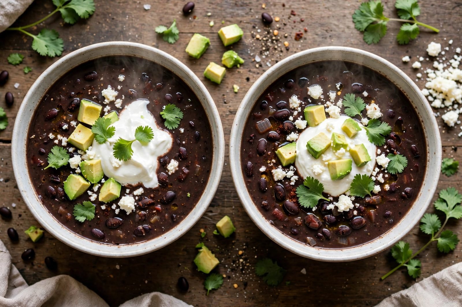 Two bowls of smoky black bean soup topped with Greek yogurt, avocado, cotija, and cilantro