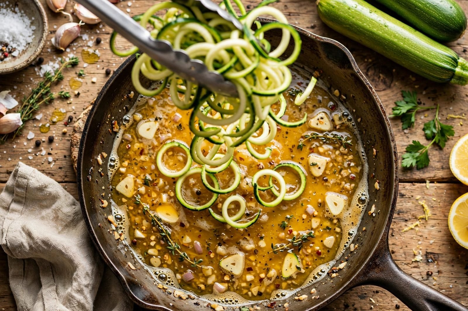 Fresh zucchini noodles hitting the hot garlic butter skillet, being tossed with tongs