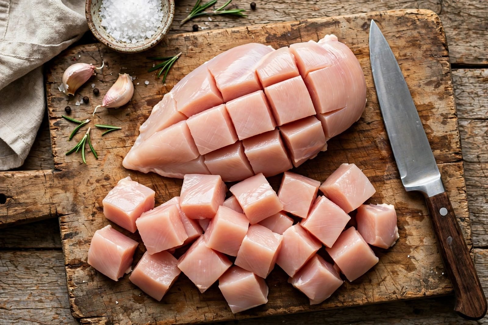 Chicken breast being cut into 1-inch pieces on a wooden cutting board