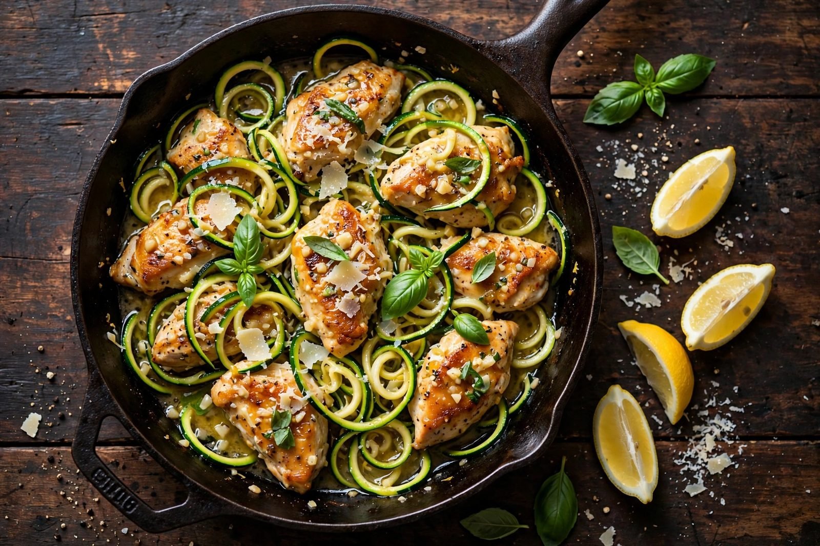 Skillet of garlic butter chicken pieces with zucchini noodles in glossy garlic butter, lemon wedges, Parmesan shavings, basil