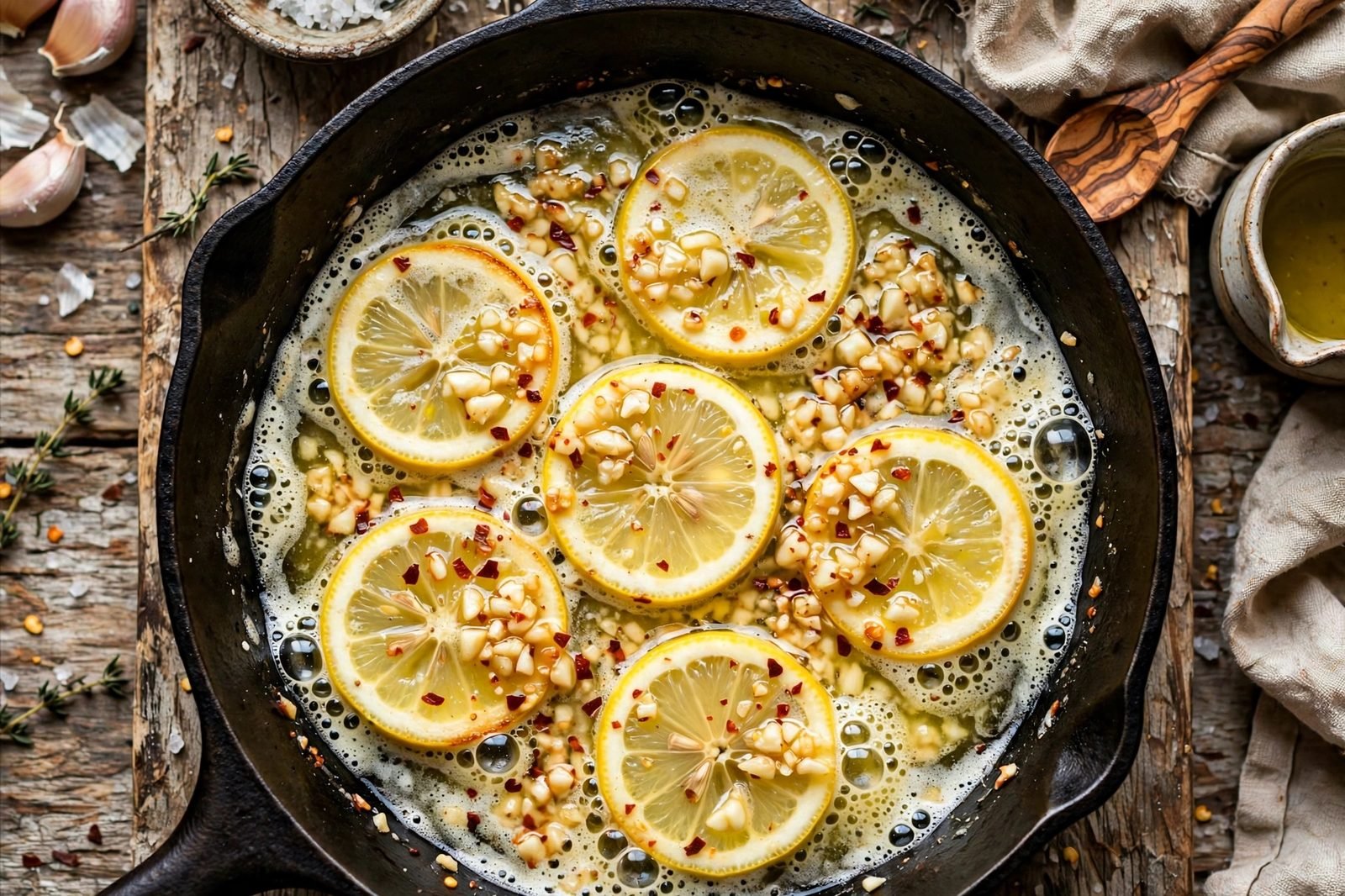 Garlic and red pepper flakes blooming in foaming butter with lemon zest in a skillet