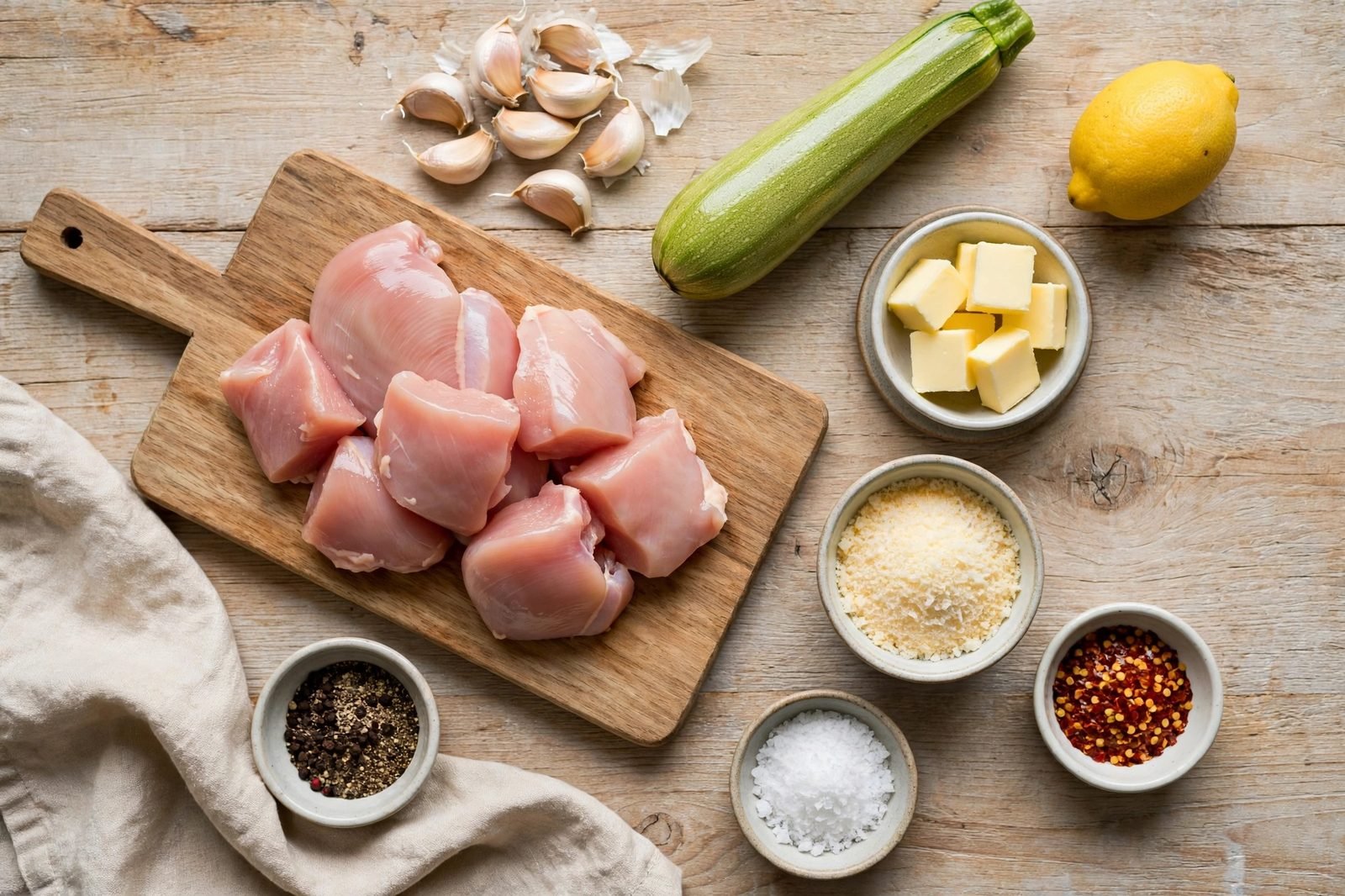 Ingredients for garlic butter chicken & zoodles arranged on a counter: chicken breast, zucchini, butter, garlic, lemon, Parmesan, cherry tomatoes, basil