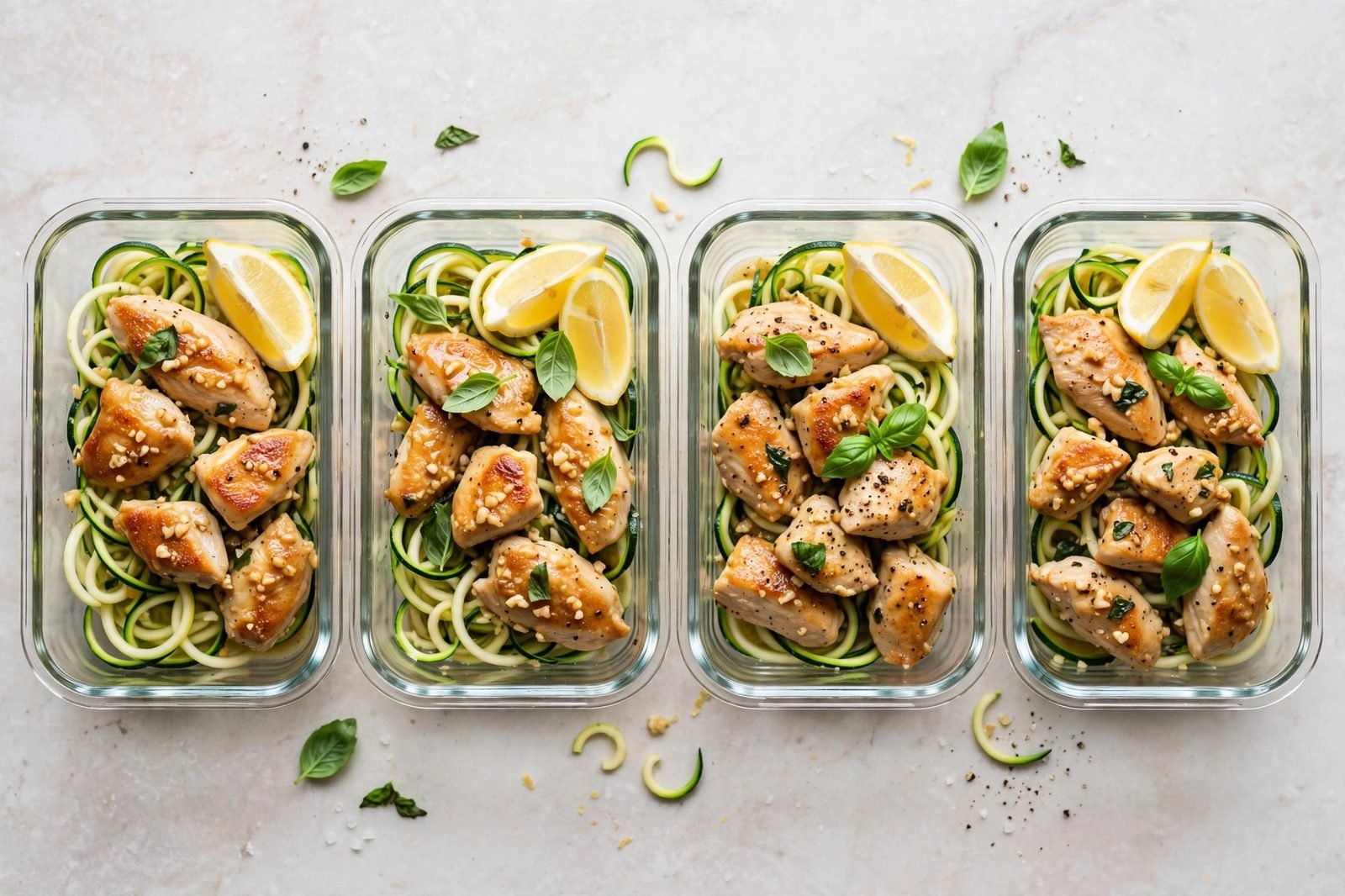 Portioned garlic butter chicken and zoodles in meal-prep containers
