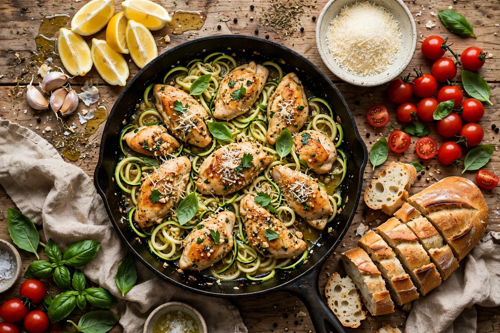 Overhead spread of the skillet with lemon wedges, extra Parmesan, and basil sprigs