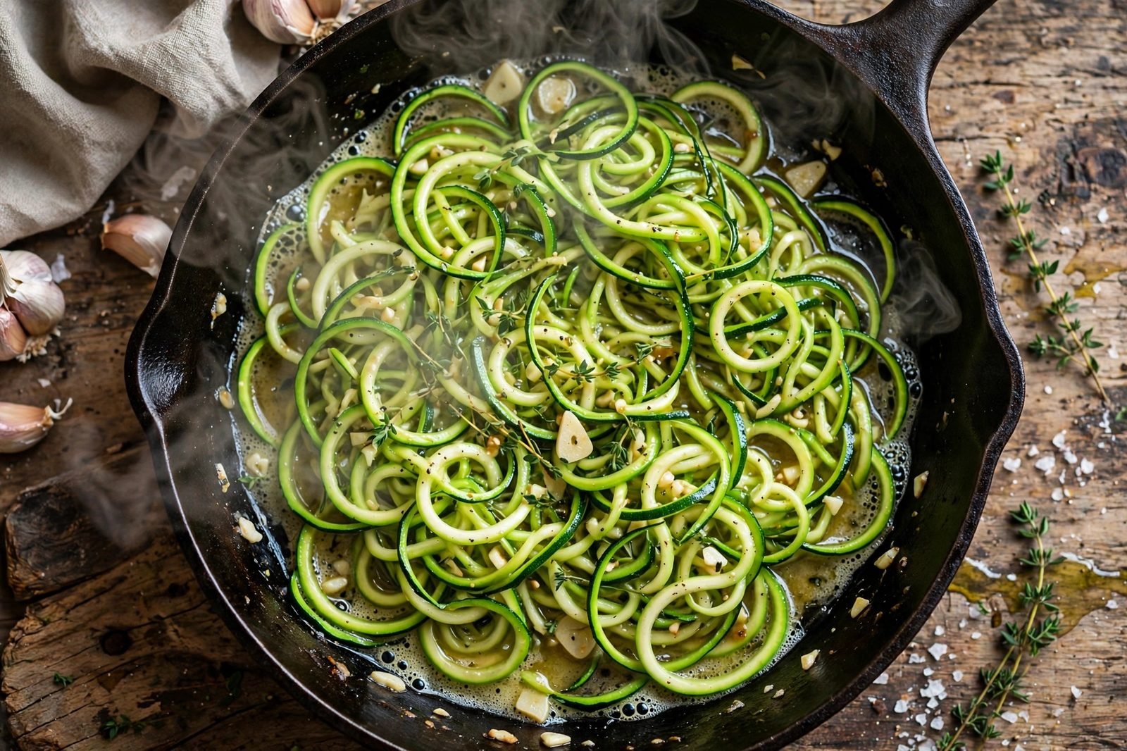 Zucchini noodles sautéing in garlic butter, glossy and tender-crisp