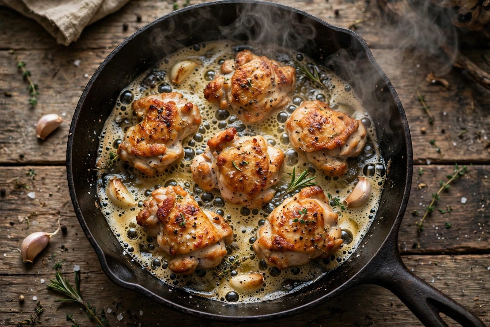 Golden chicken pieces searing undisturbed in butter in a skillet