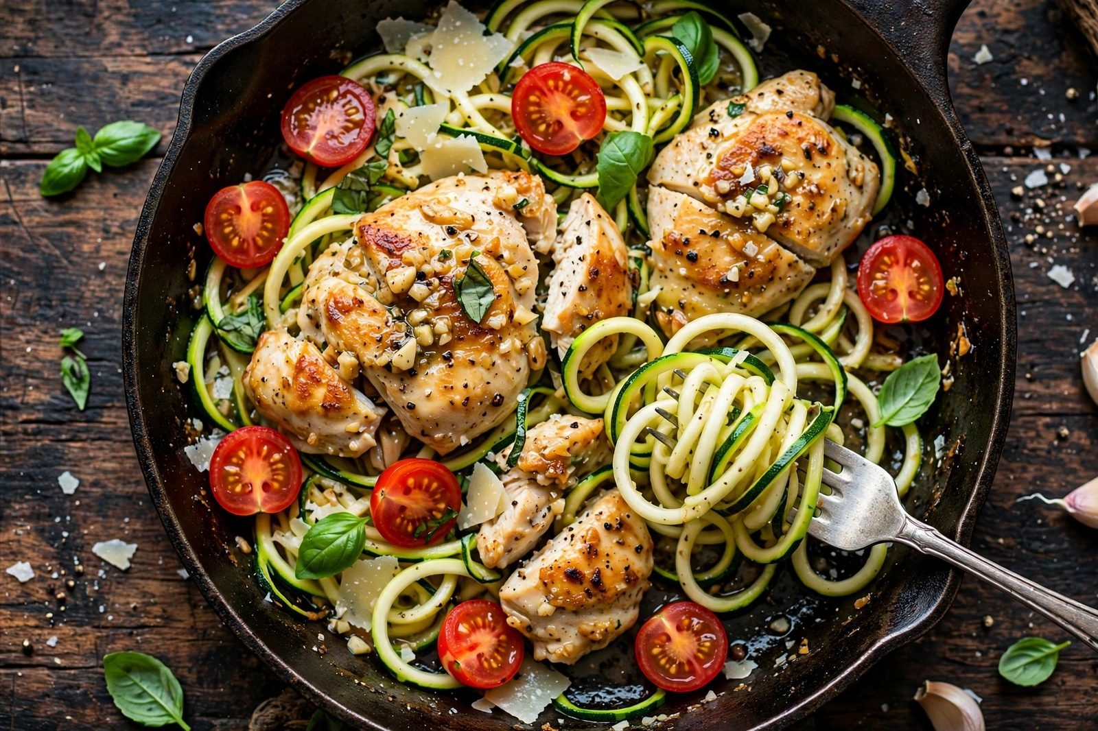 Close-up of the served skillet with Parmesan shavings, basil, and lemon wedges