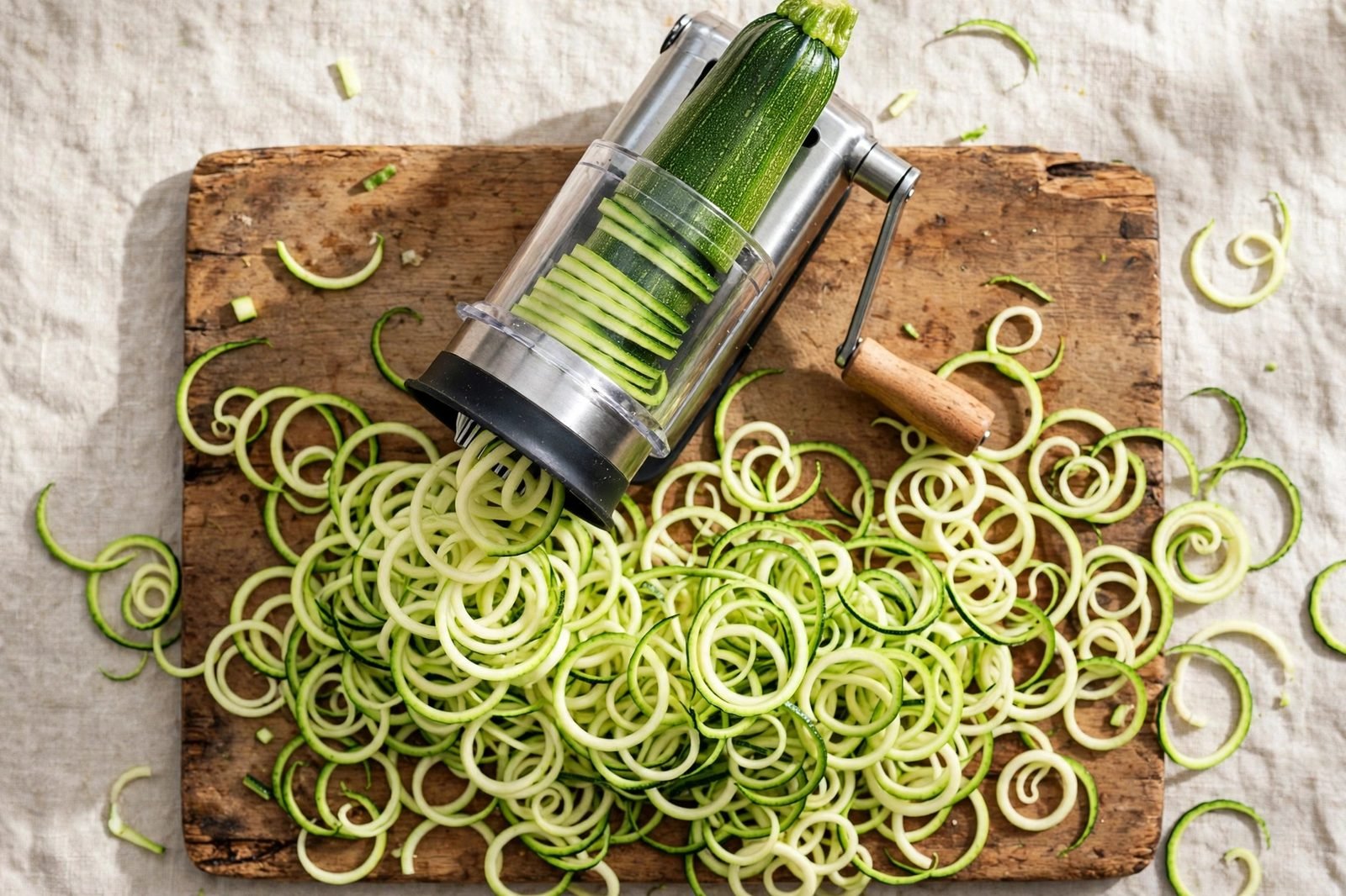 Zucchini noodles coming out of a spiralizer onto paper towels