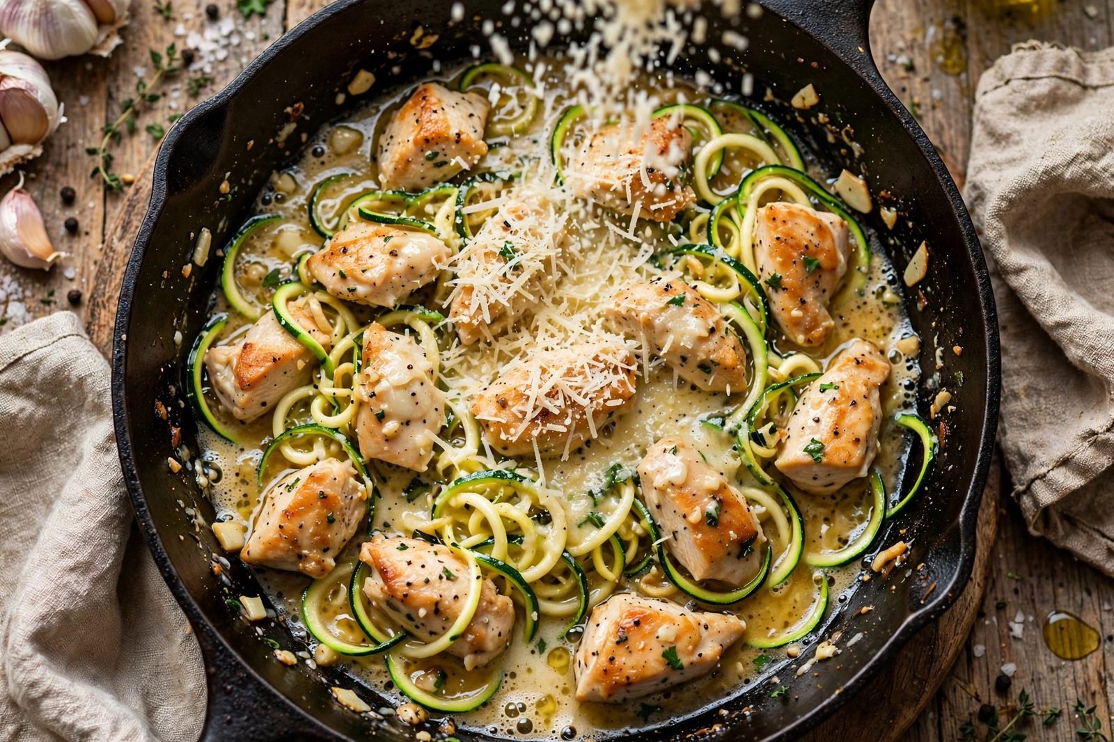 Parmesan being tossed with chicken and zucchini noodles until glossy