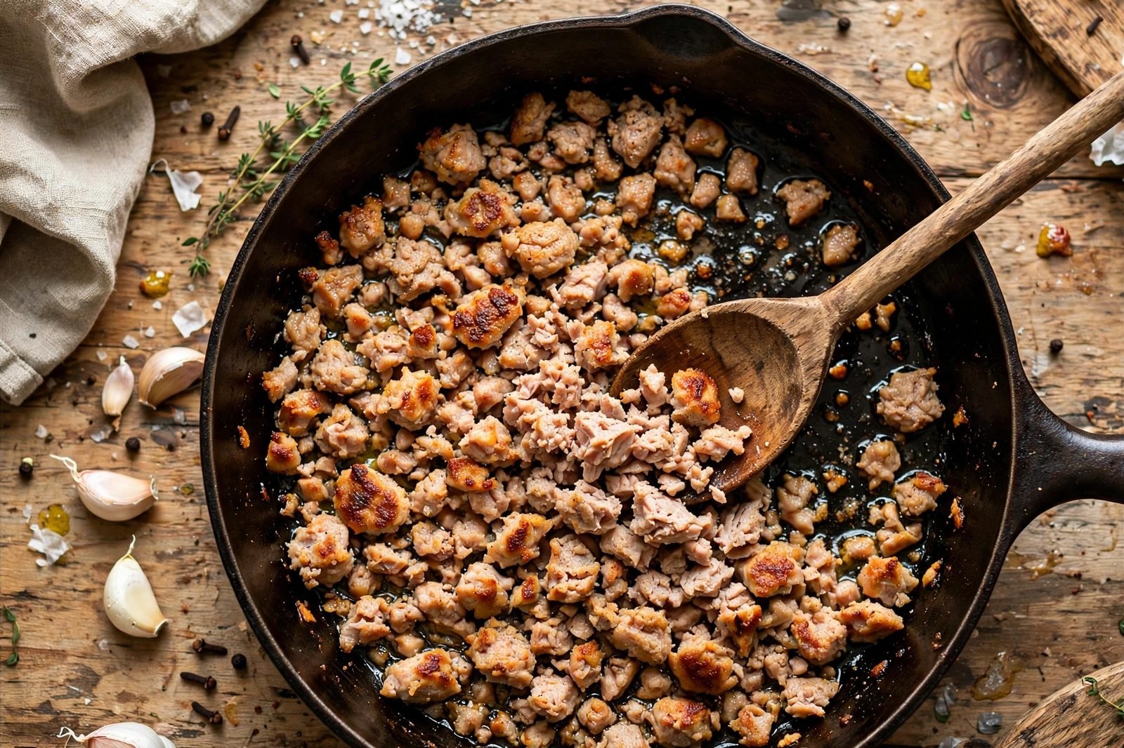 Ground turkey crumbles browning in a hot skillet