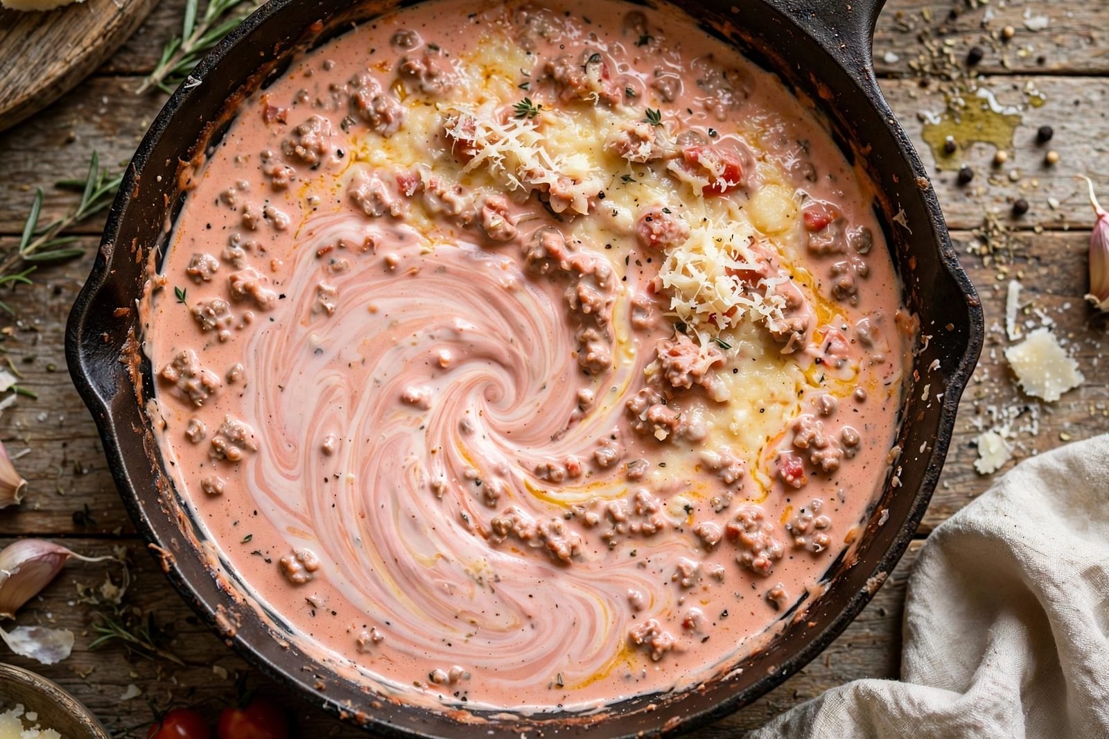 Milk swirled into bolognese sauce with melting grated Parmesan