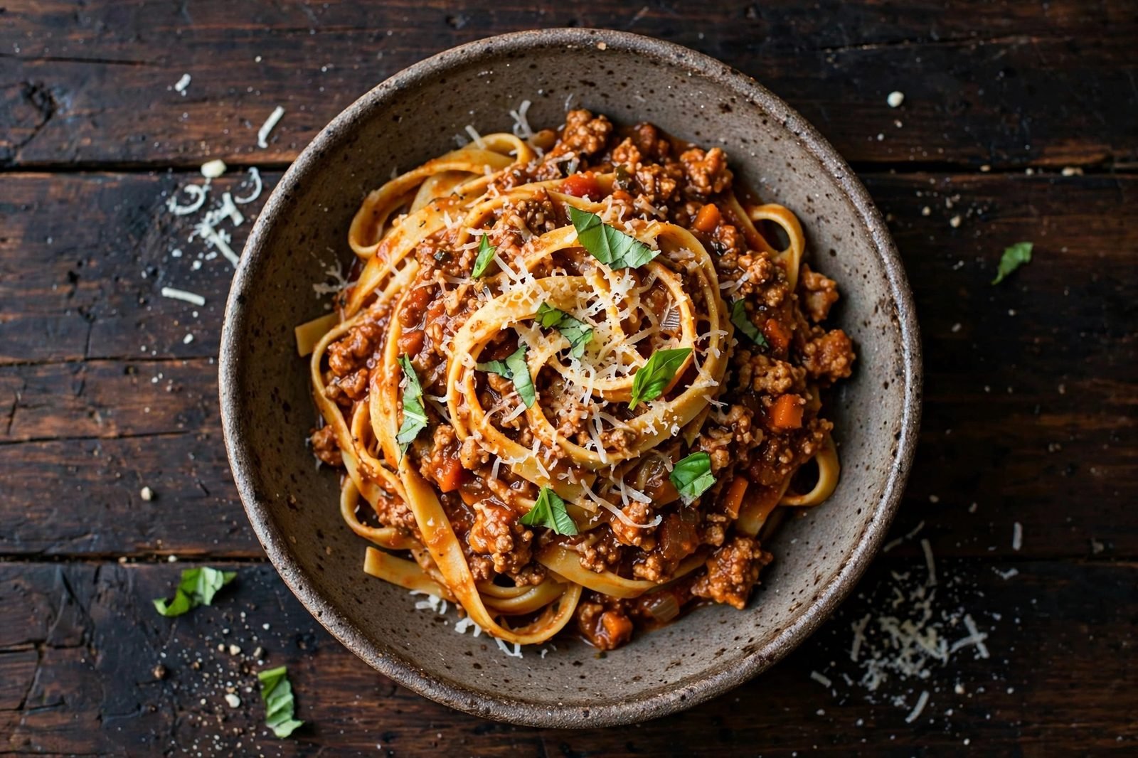 Fettuccine twirled in turkey bolognese sauce topped with grated Parmesan and torn basil
