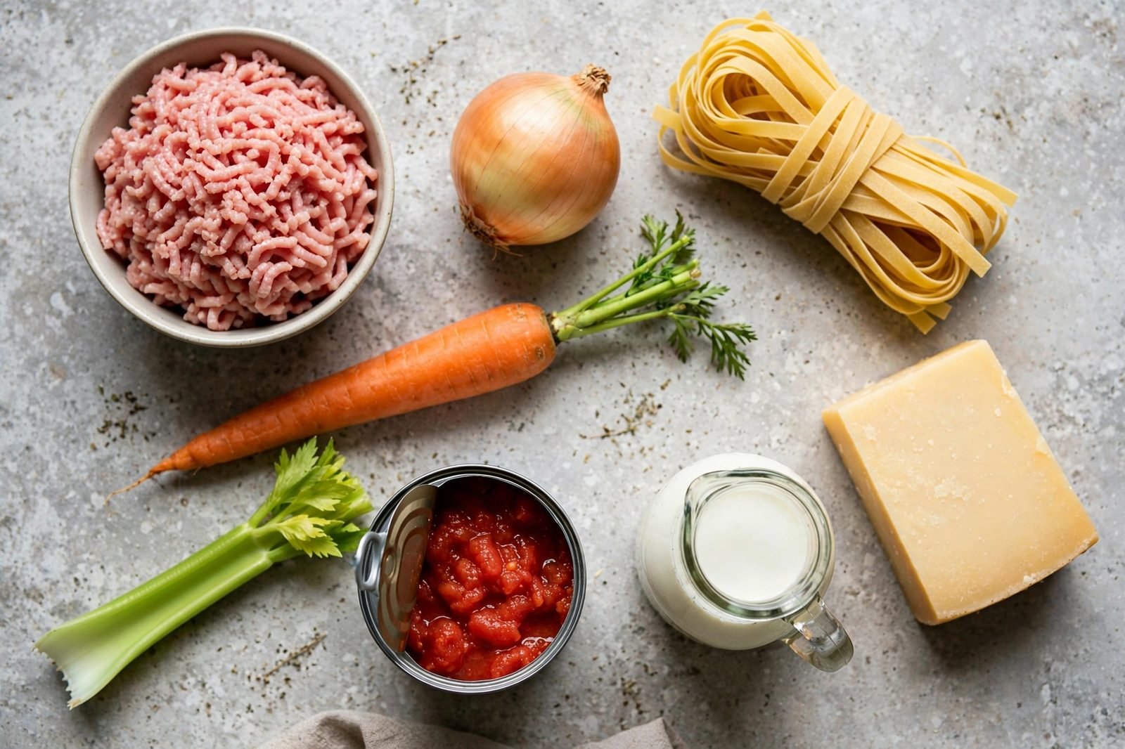Ingredients for turkey bolognese arranged on a counter: ground turkey, fettuccine, onion, carrot, celery, crushed tomatoes, milk, Parmesan