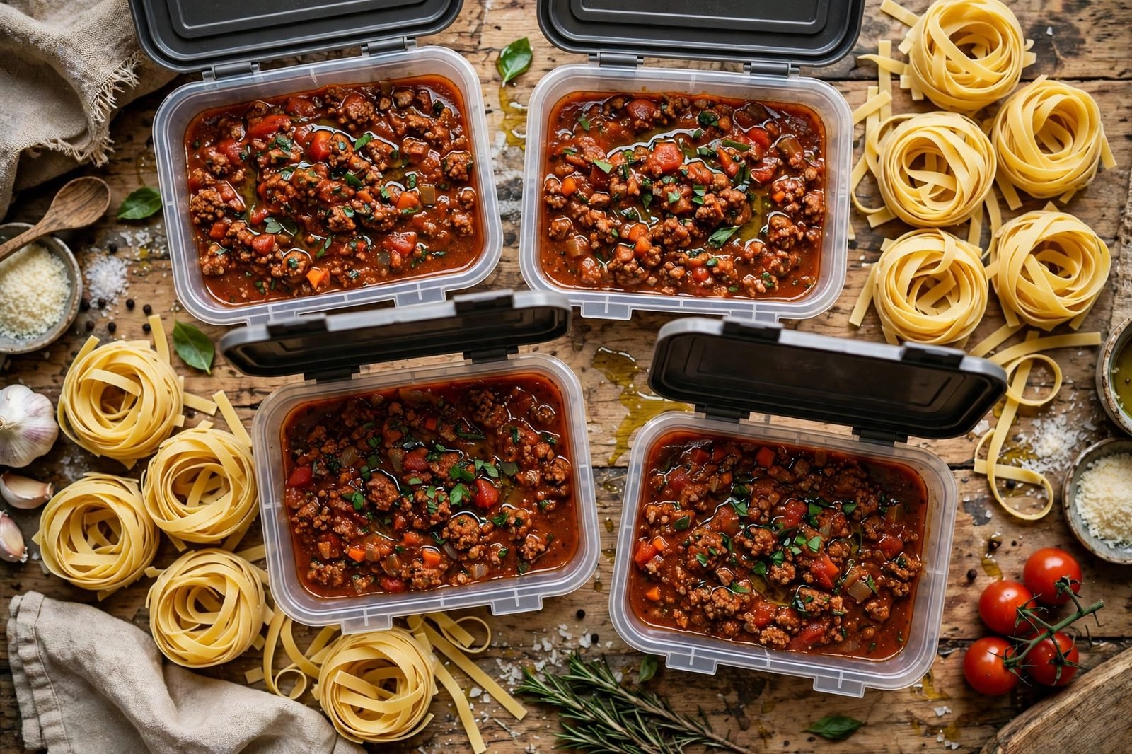 Meal-prep containers of bolognese sauce with uncooked fettuccine alongside