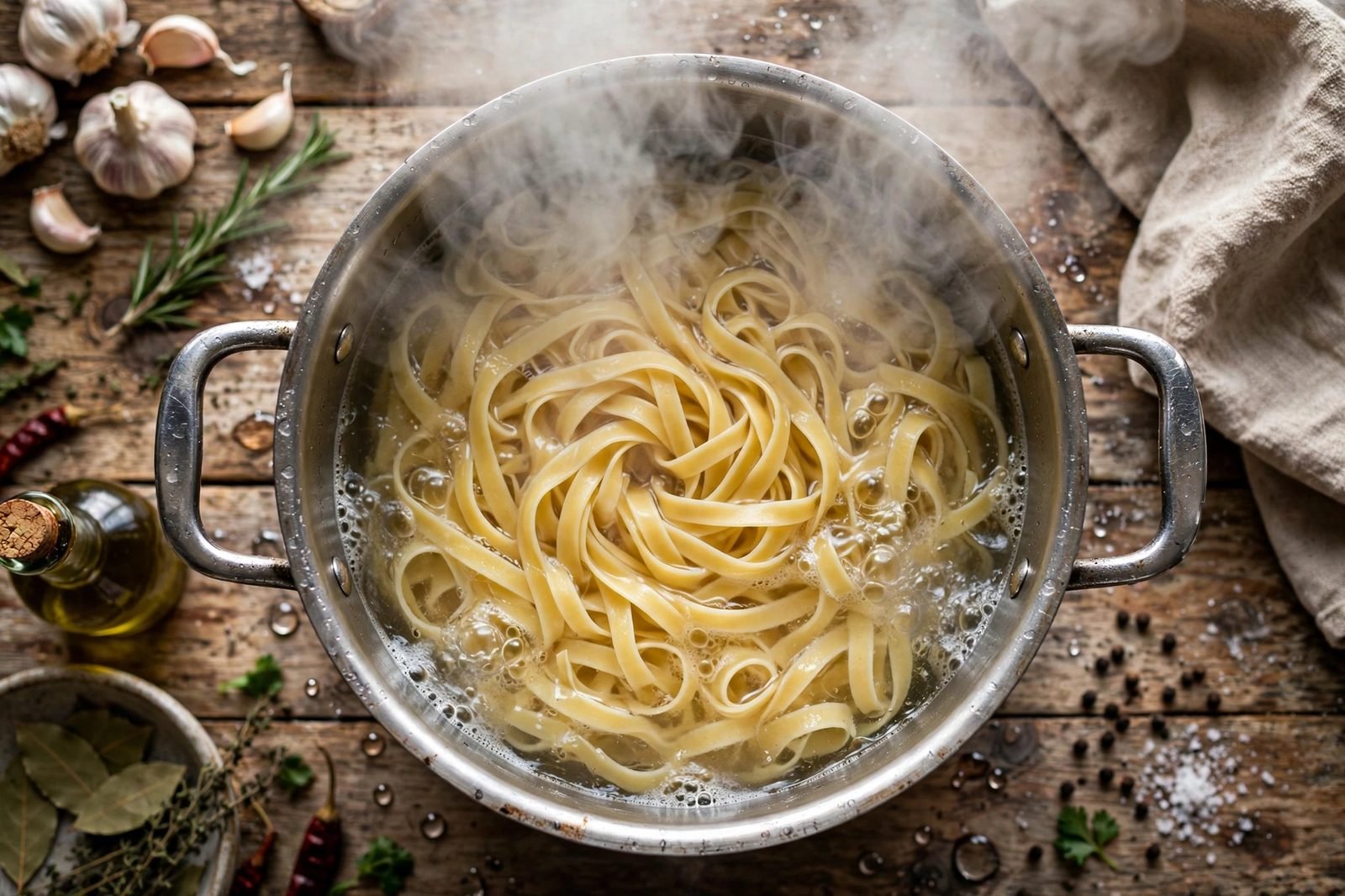 Fettuccine noodles cooking in a large pot of boiling water