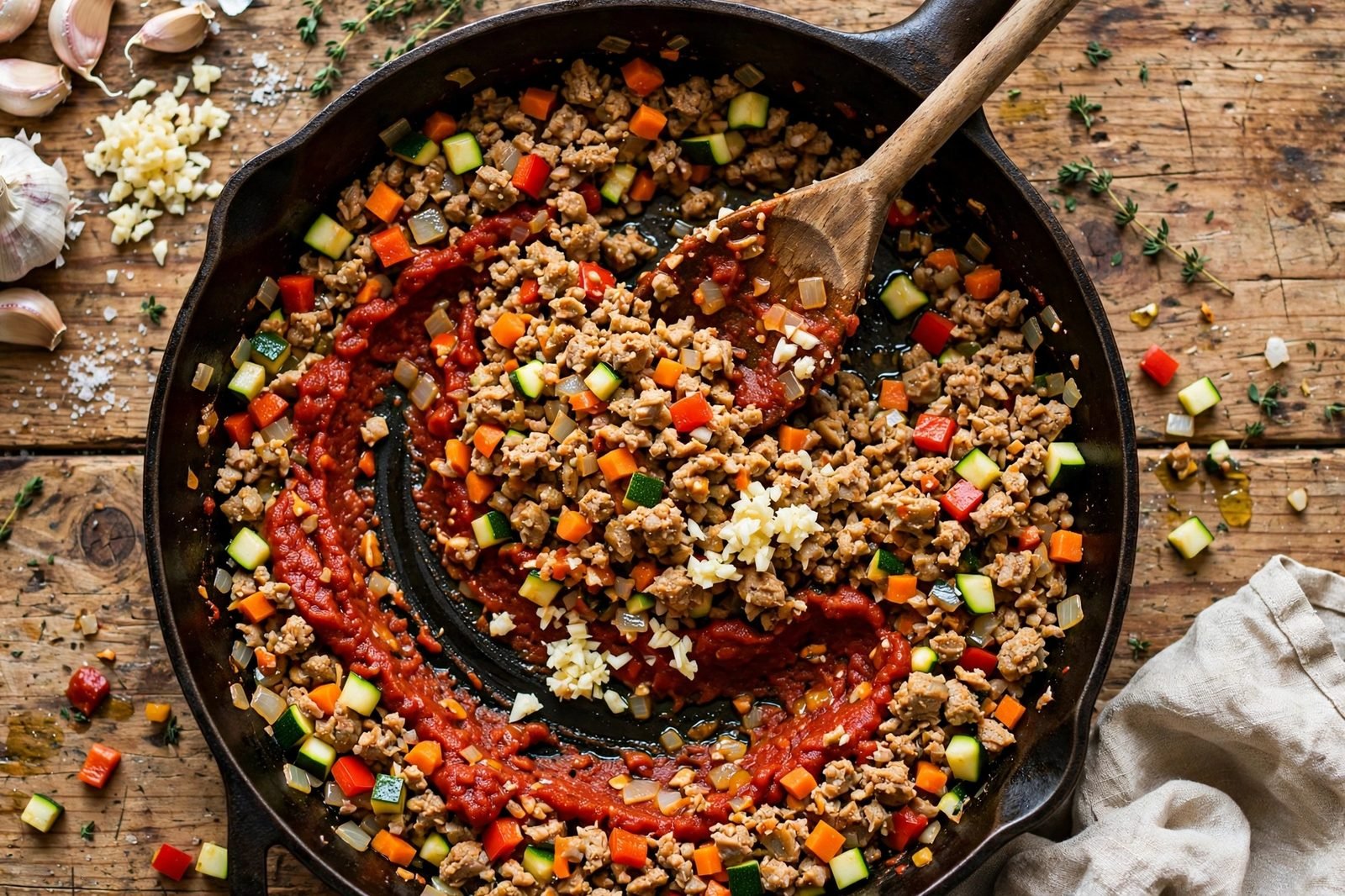 Tomato paste and minced garlic being stirred into browned turkey and vegetables