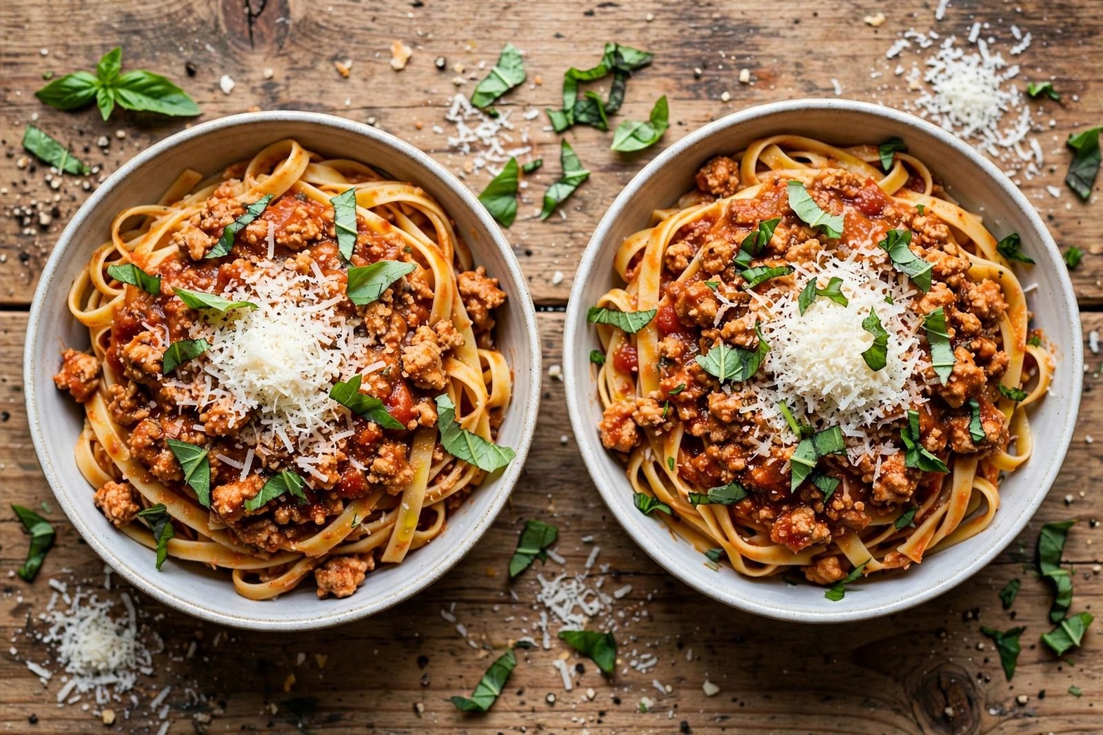Two bowls of turkey bolognese with torn basil and extra Parmesan