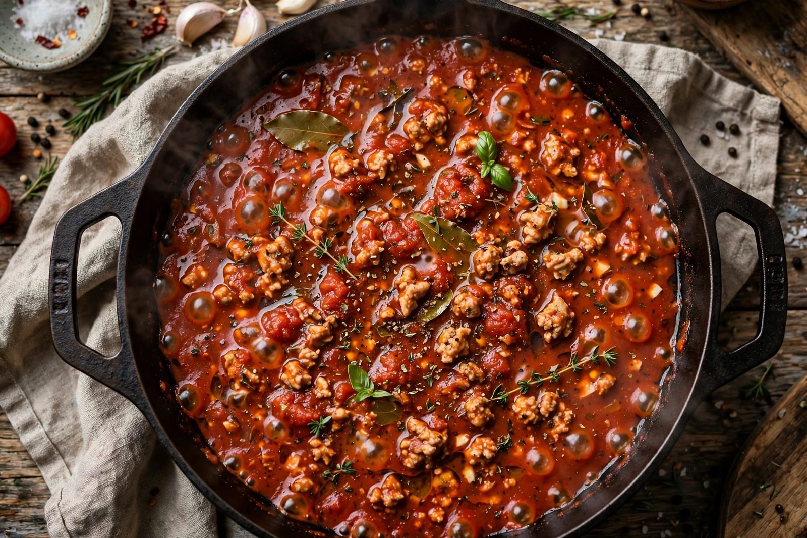 Bolognese sauce simmering gently in a large skillet