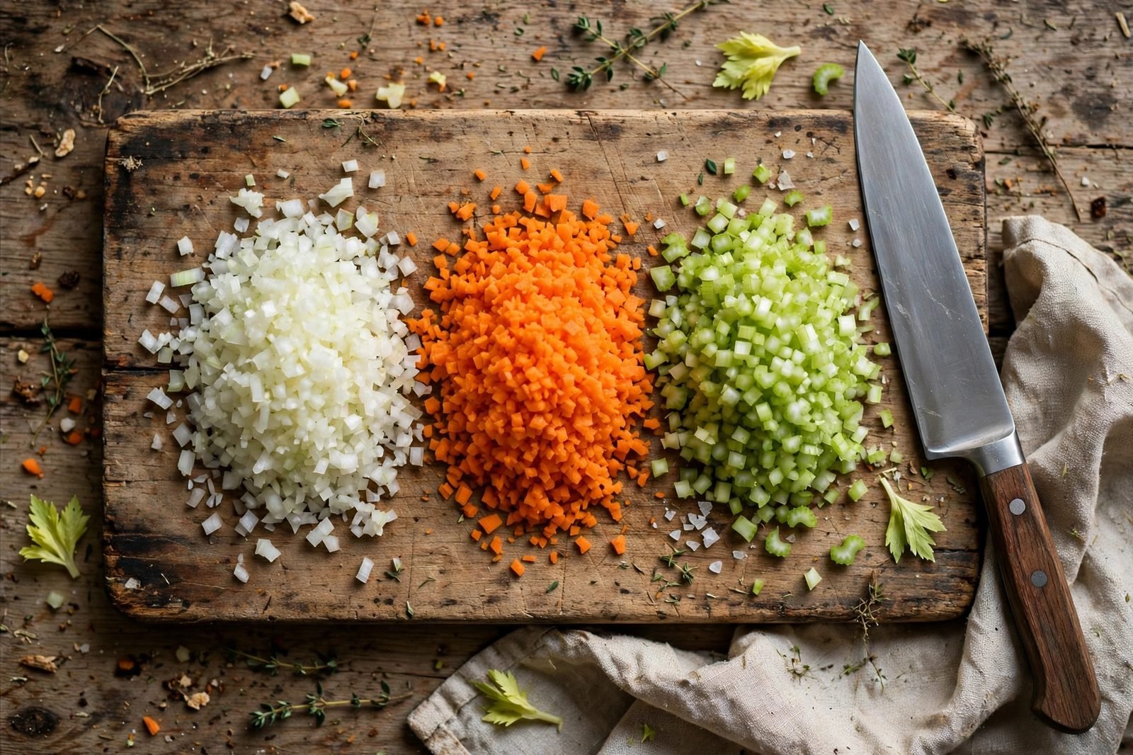 Finely minced onion, carrot, and celery on a wooden cutting board
