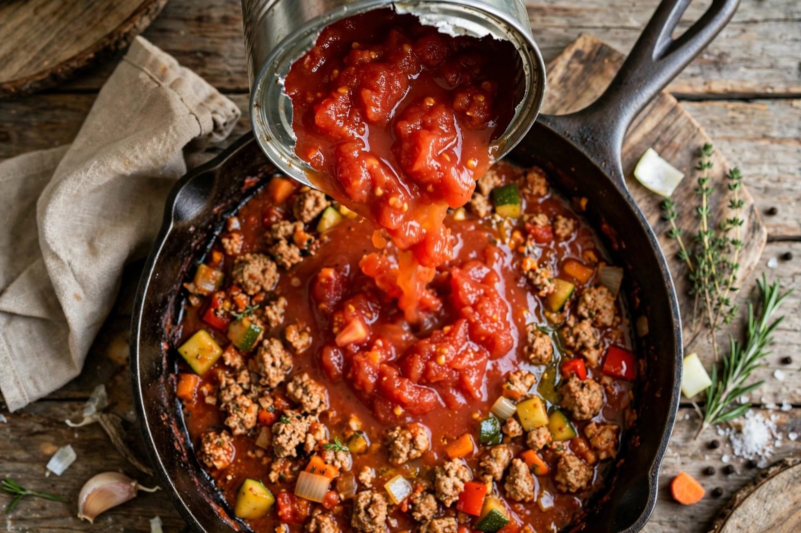 Crushed tomatoes being poured into a skillet with turkey and soffritto