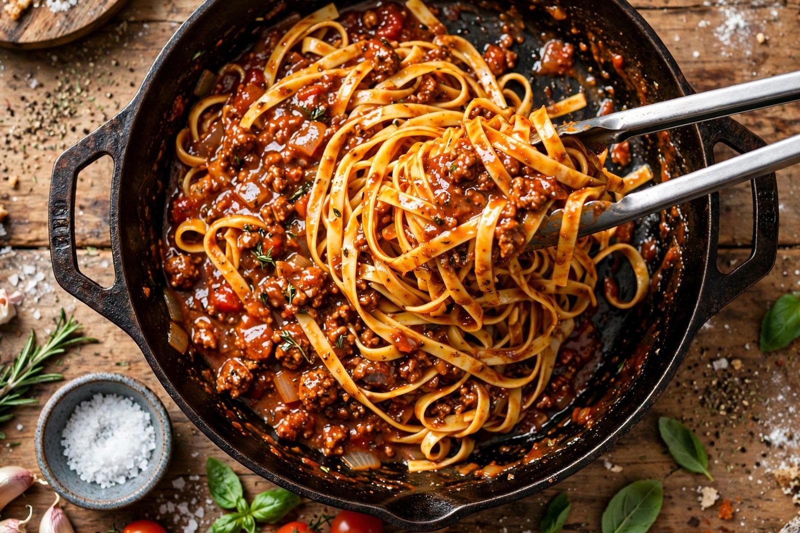 Fettuccine being tossed with bolognese sauce using tongs in a skillet
