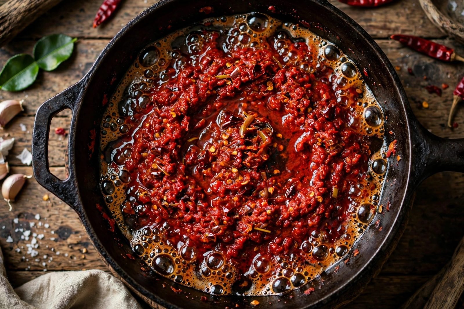 Red curry paste frying in oil, deep red and fragrant