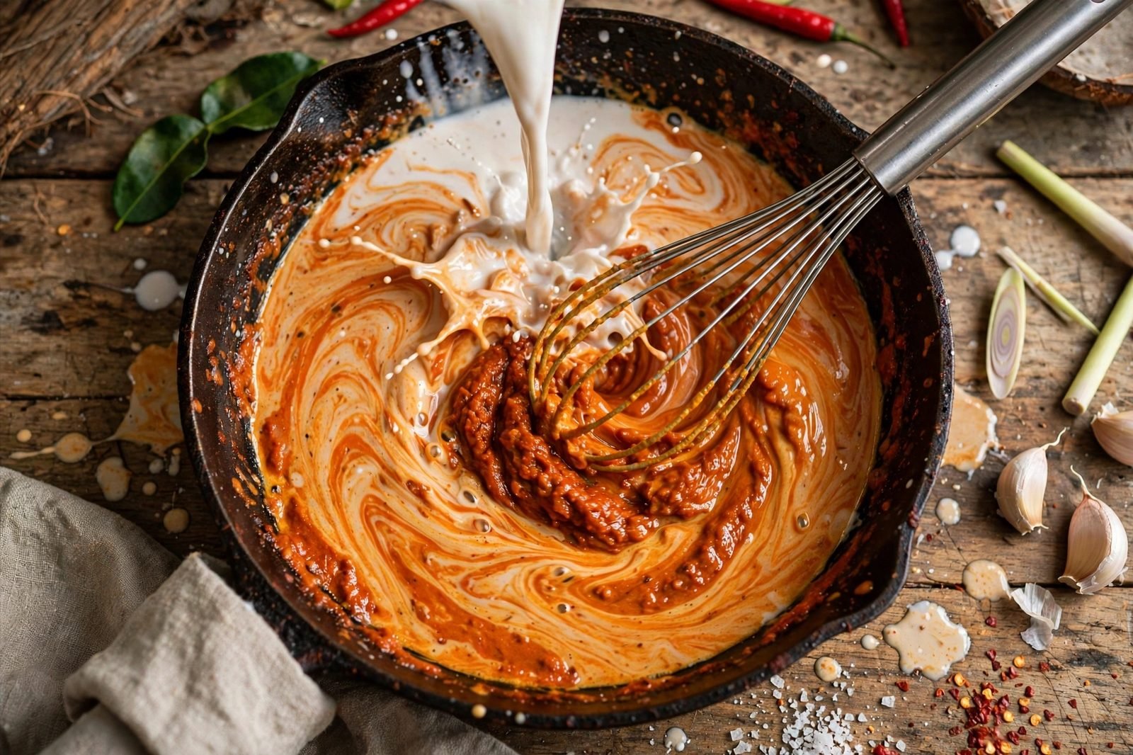Coconut milk being whisked into bloomed red curry paste