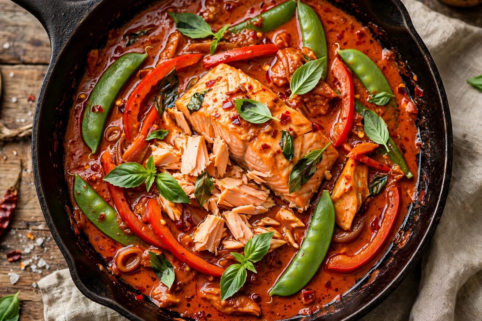 Close-up of finished curry with glistening sauce, a flaked salmon piece, and basil