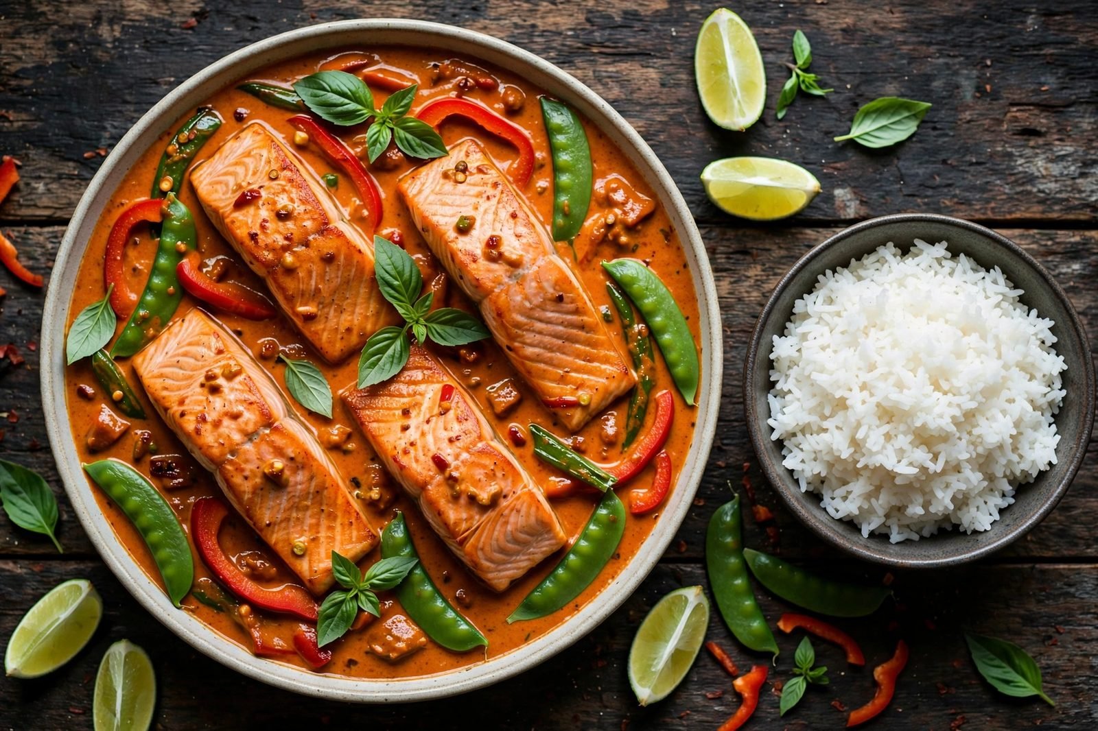 Salmon fillets in red coconut curry with bell peppers, basil, lime, and jasmine rice, overhead