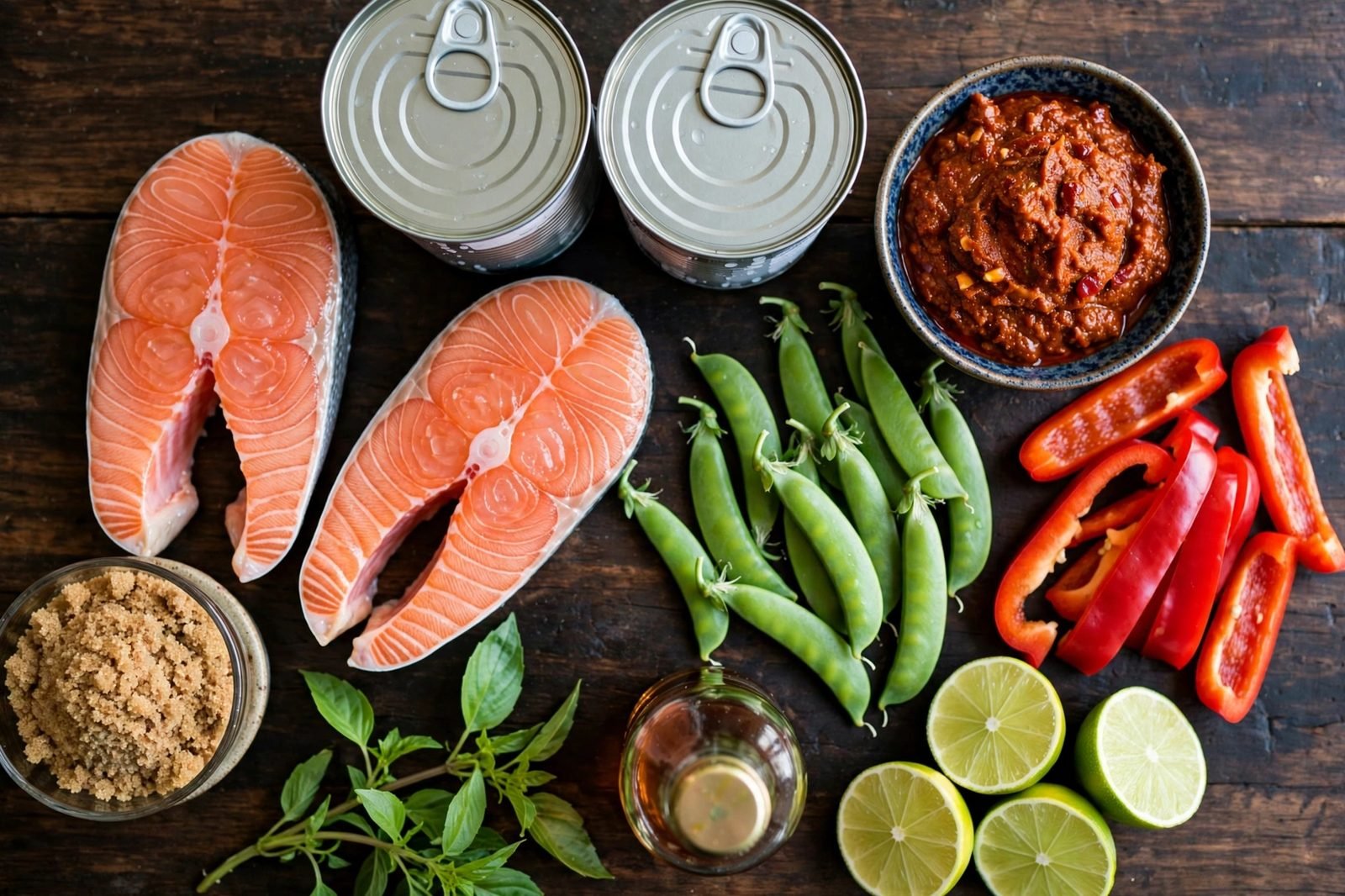 Ingredients for coconut curry salmon: salmon, curry paste, coconut milk cans, bell pepper, snap peas, lime, basil