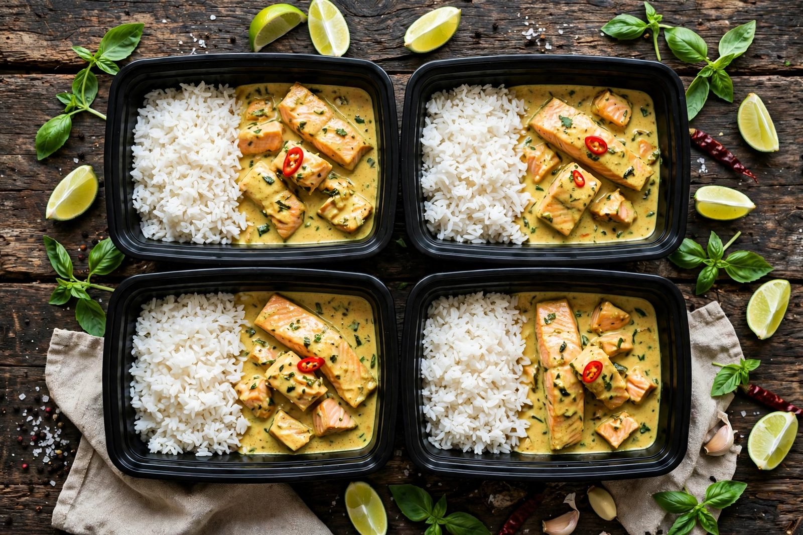 Portioned coconut curry salmon and rice in meal-prep containers