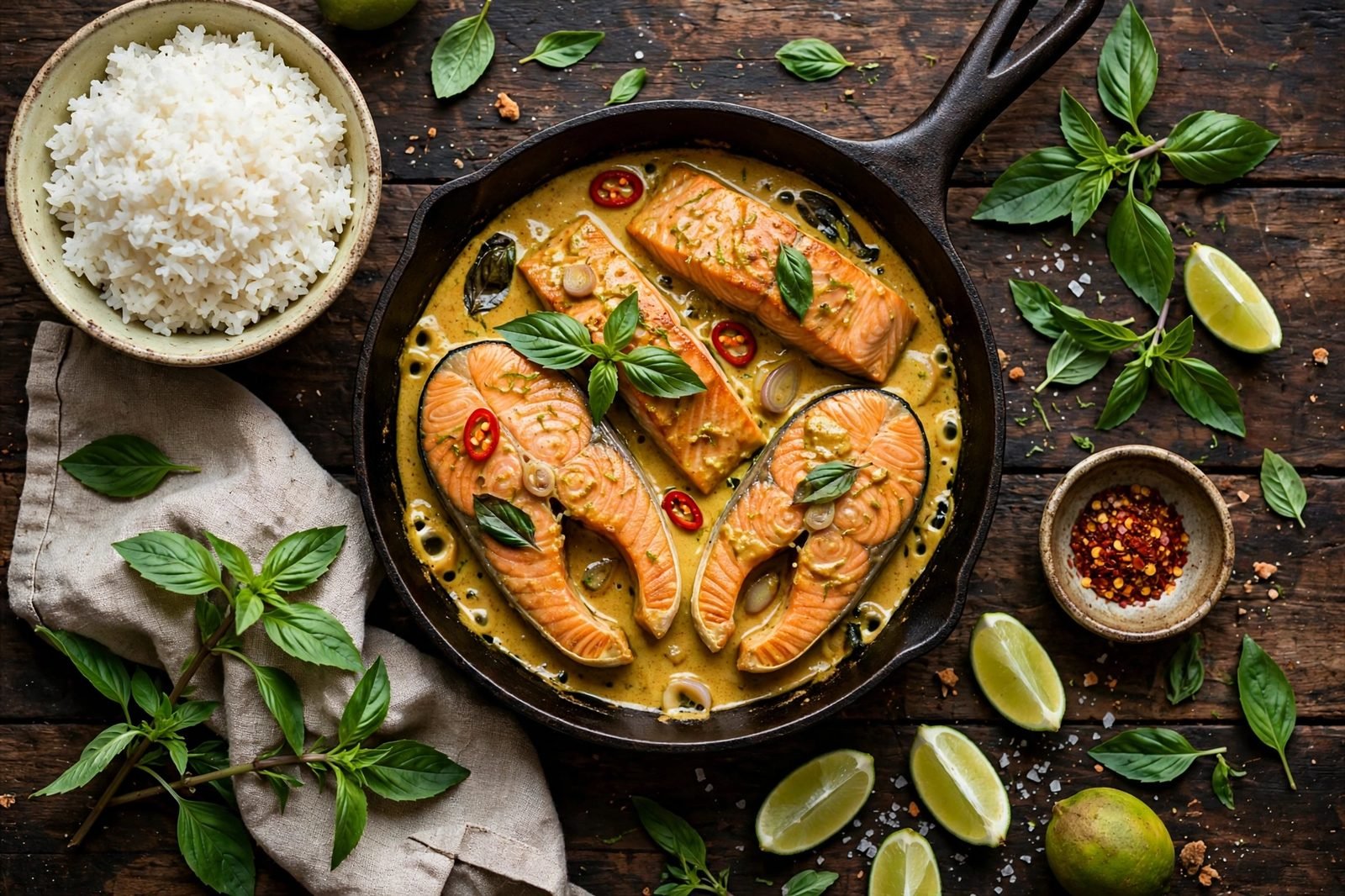 Overhead spread of curry skillet, rice bowl, lime wedges, and basil sprigs