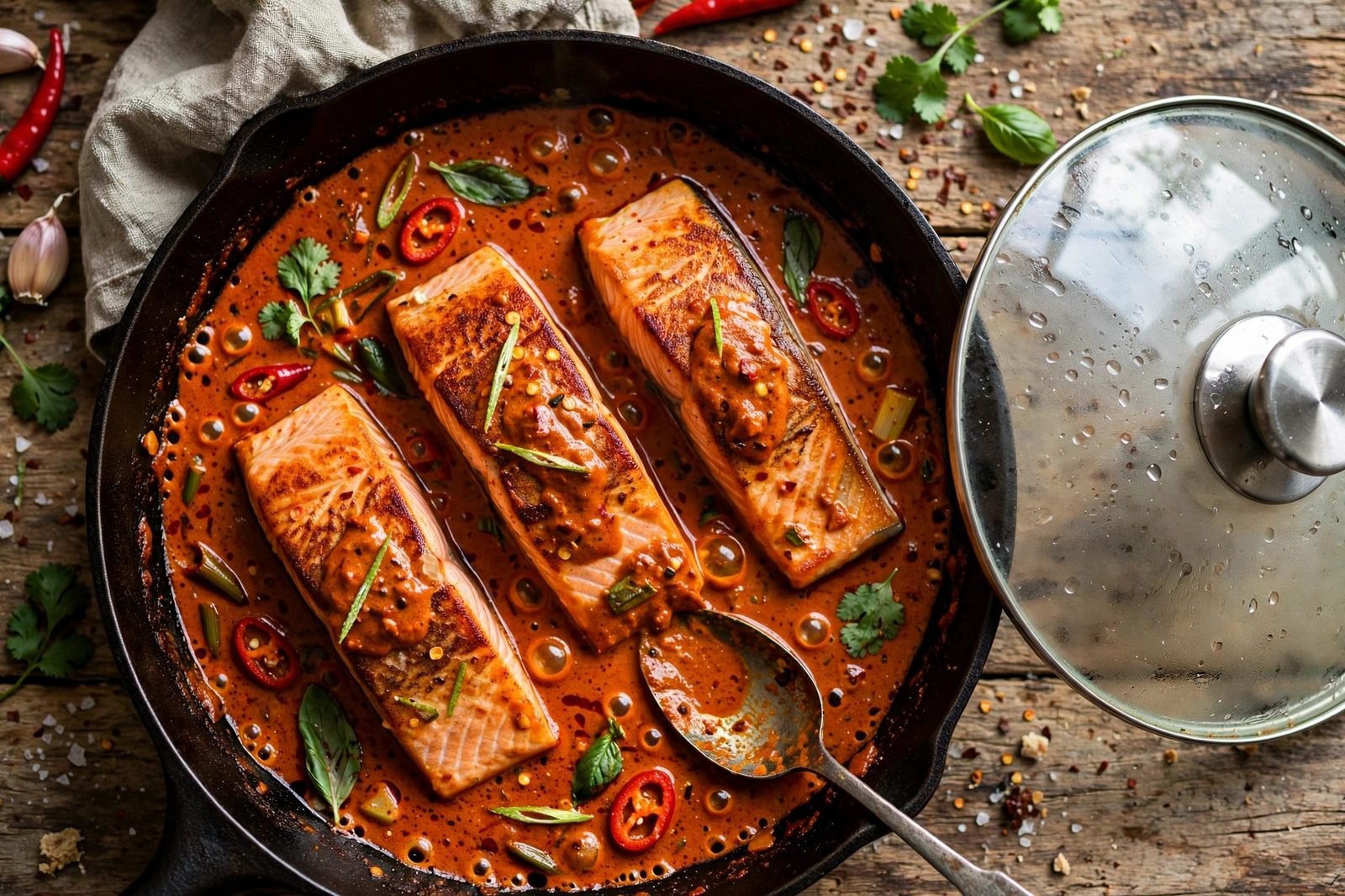 Salmon fillets nestled back into the simmering curry with sauce spooned over