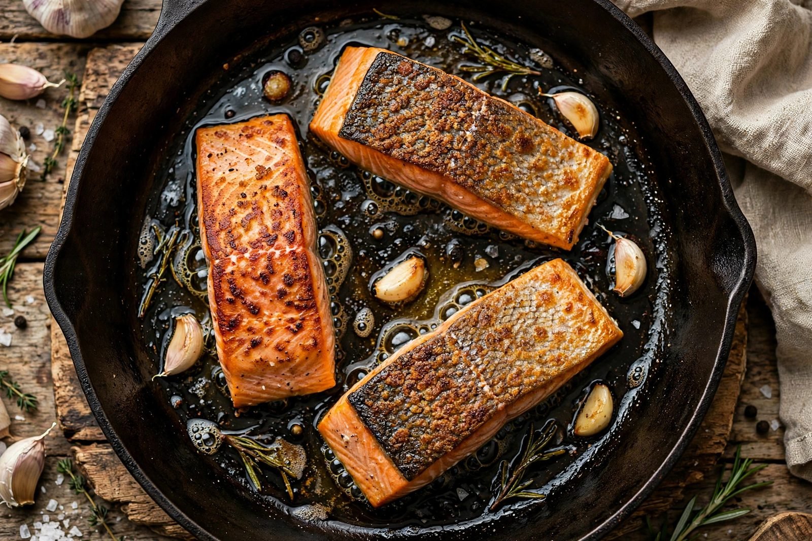 Salmon searing in a skillet with a golden crust