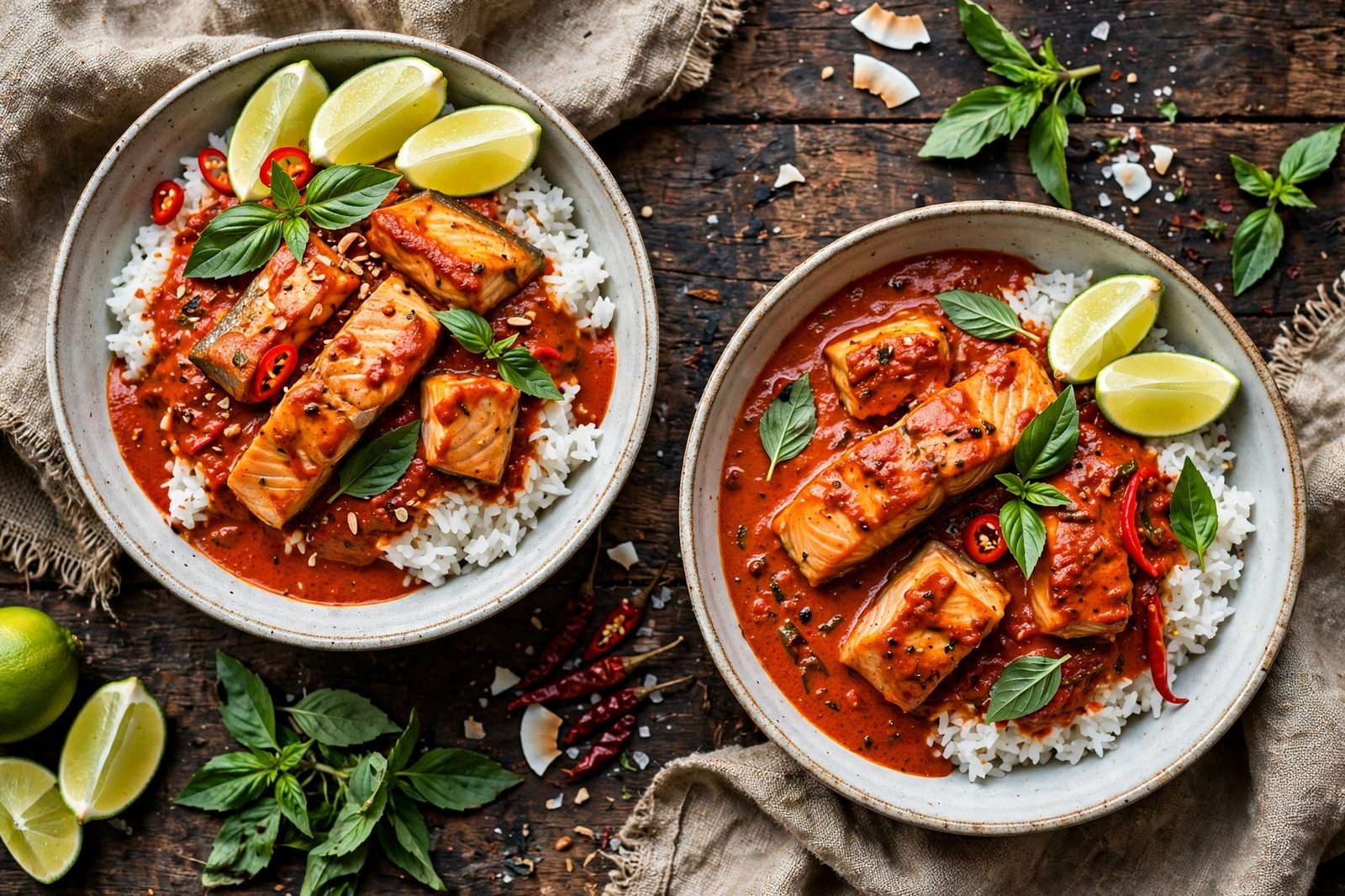 Salmon curry over jasmine rice with basil and lime wedges