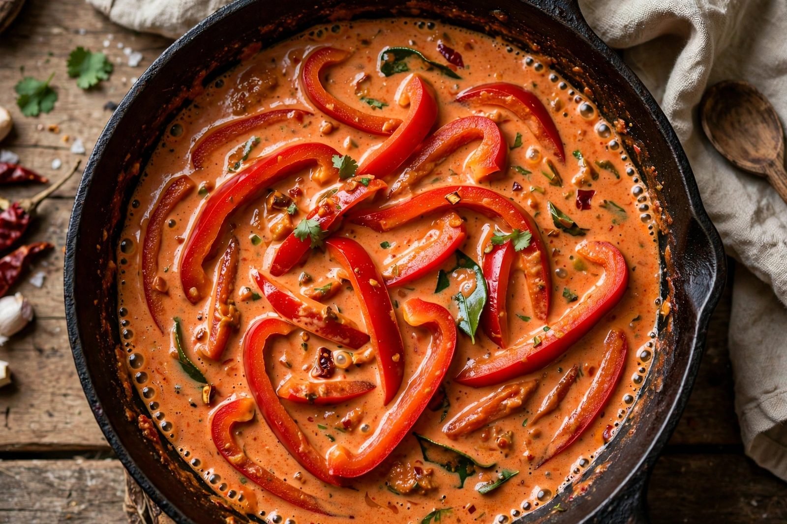 Bell peppers simmering in red coconut curry sauce