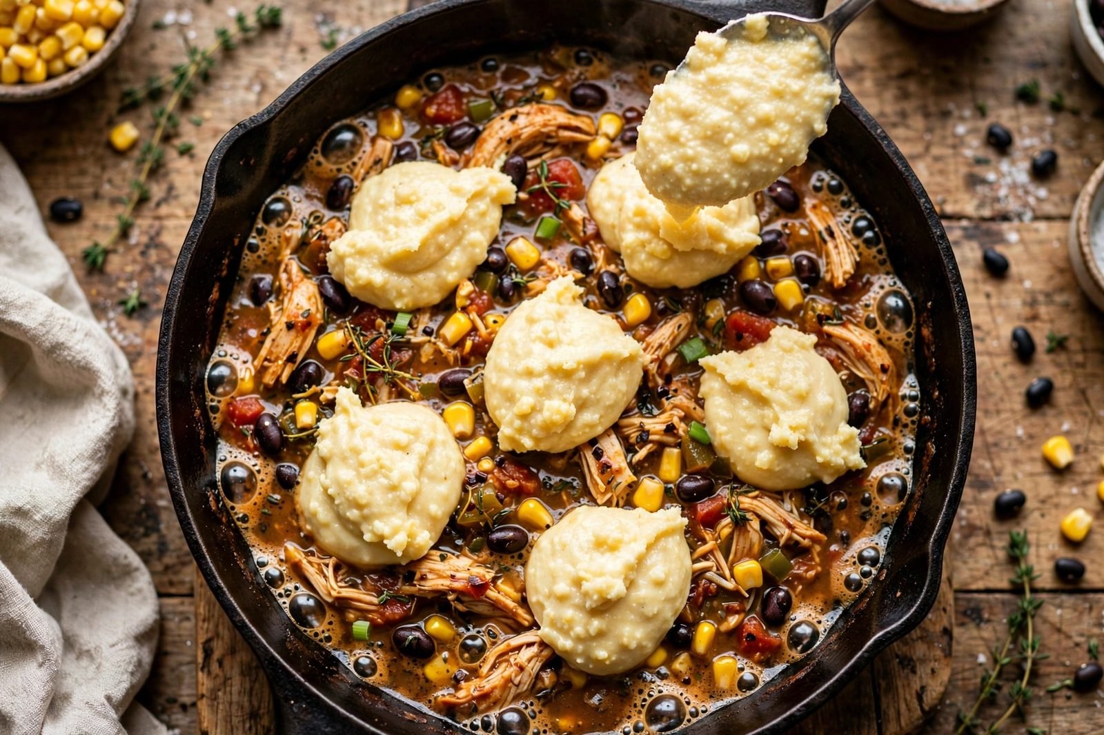 Dollops of cornbread batter spooned over the bubbling filling
