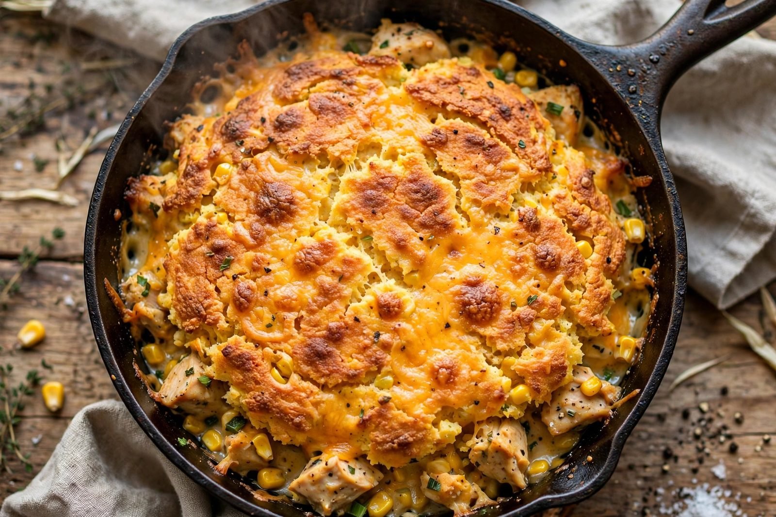 Golden-brown cornbread top with melted cheddar, just out of the broiler