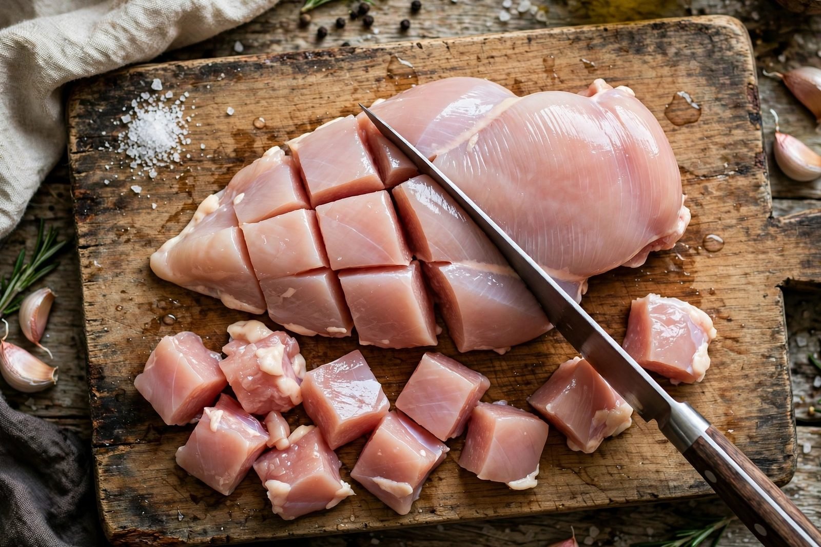 Raw chicken breast cut into 1-inch pieces on a cutting board