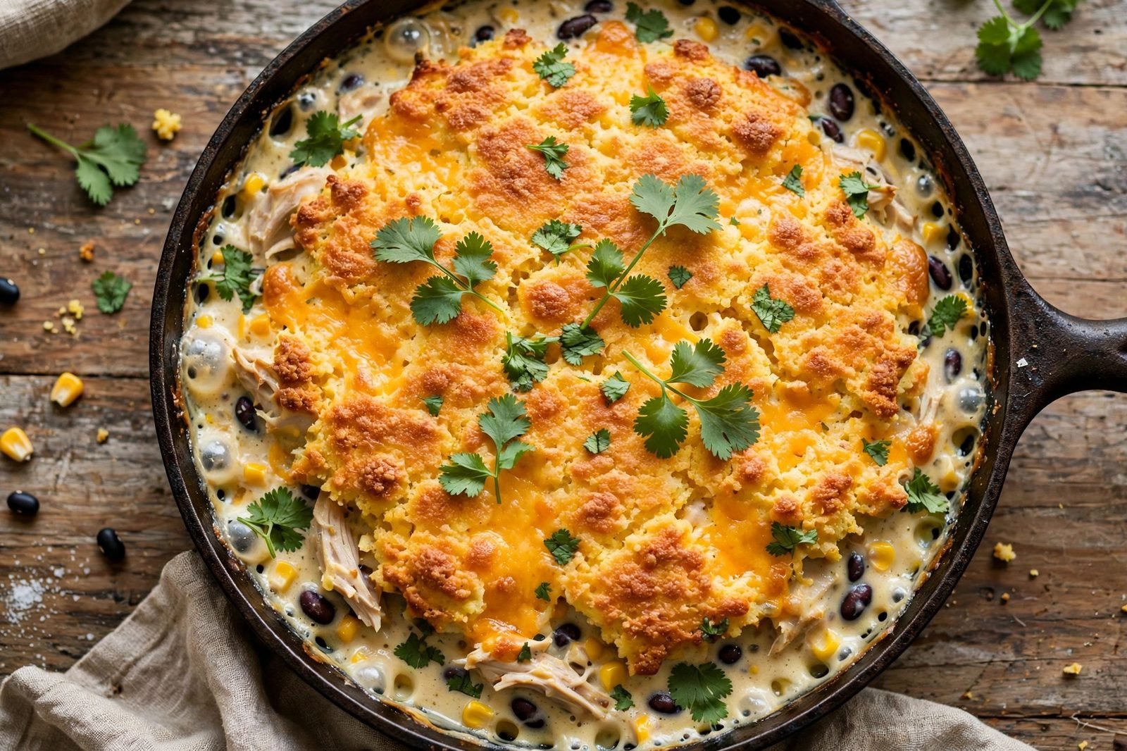 Golden cornbread top over creamy chicken, corn, and black bean filling in a cast iron skillet with cilantro