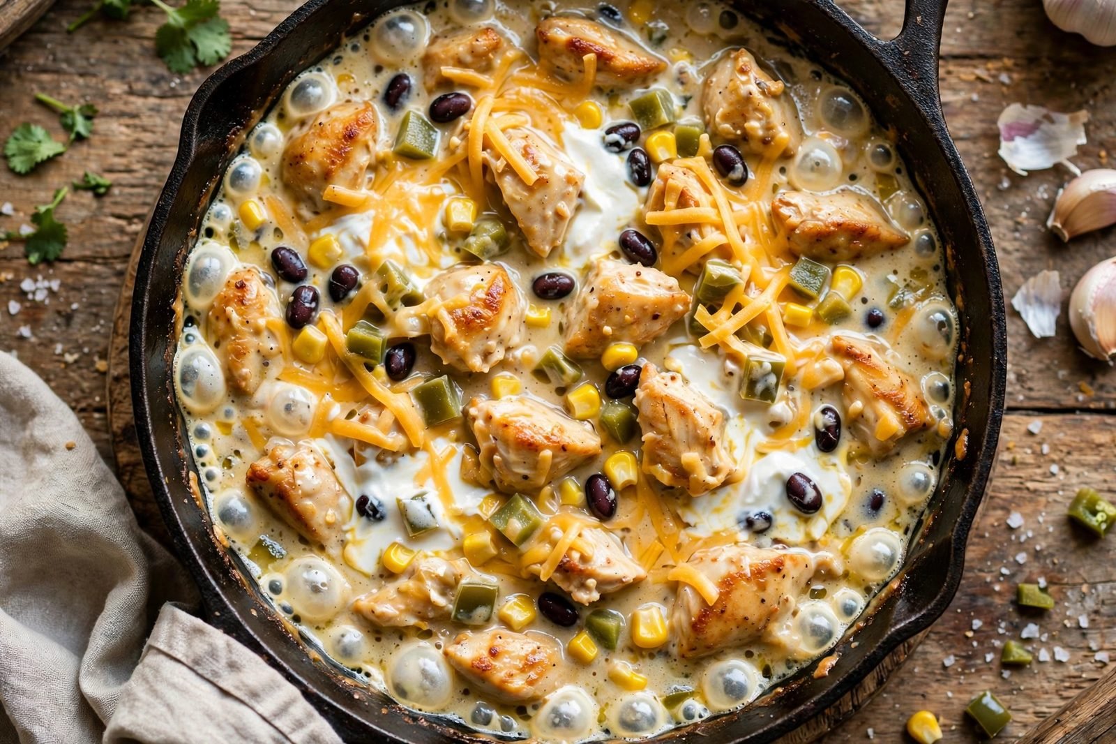 Black beans, corn, green chiles, and sour cream stirred into the skillet with bubbling broth