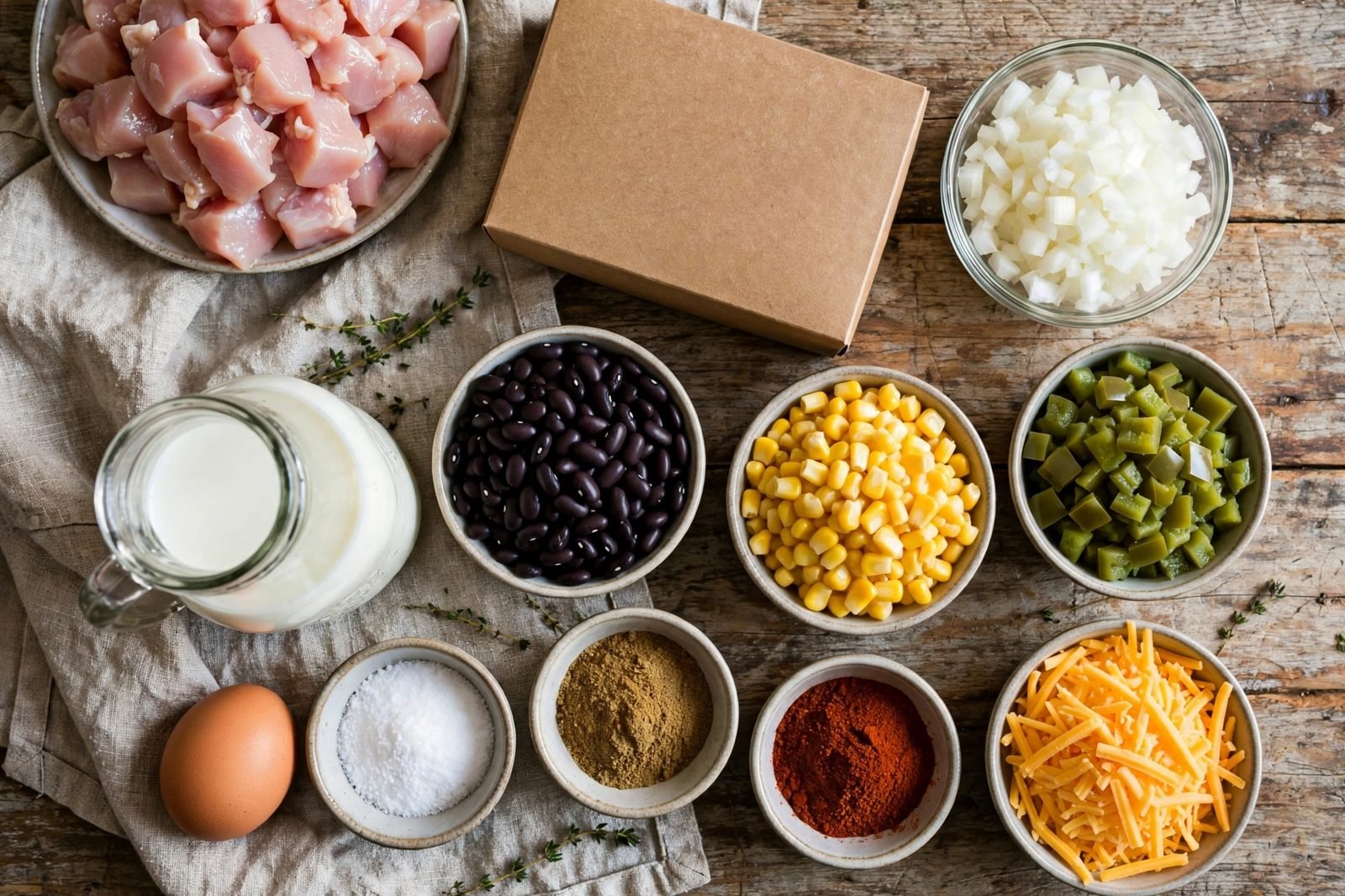 Ingredients for chicken cornbread skillet: chicken pieces, onion, black beans, corn, green chiles, cheddar, cornbread mix, egg, milk, spices